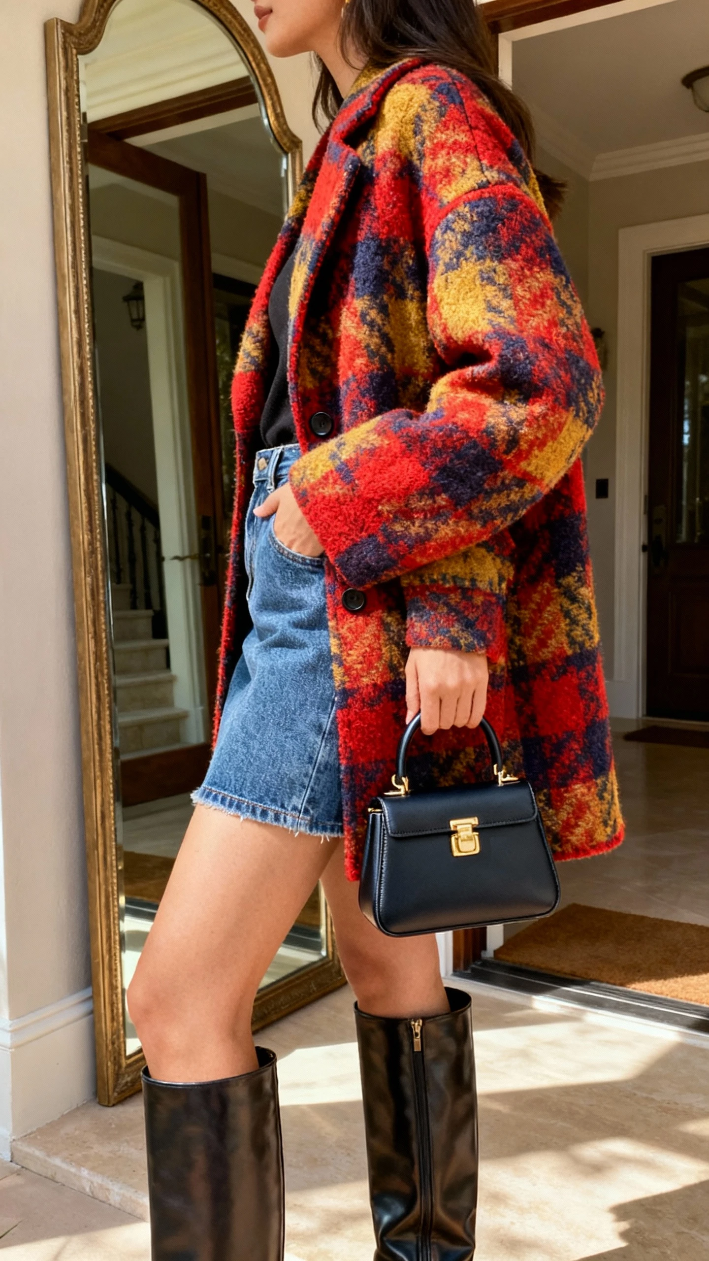 iPhone back/three-quarter view of a woman wearing a bold statement coat over a denim mini skirt with knee-high boots and a mini top-handle bag, face not visible, entryway mirror with morning natural light, iPhone photo quality.