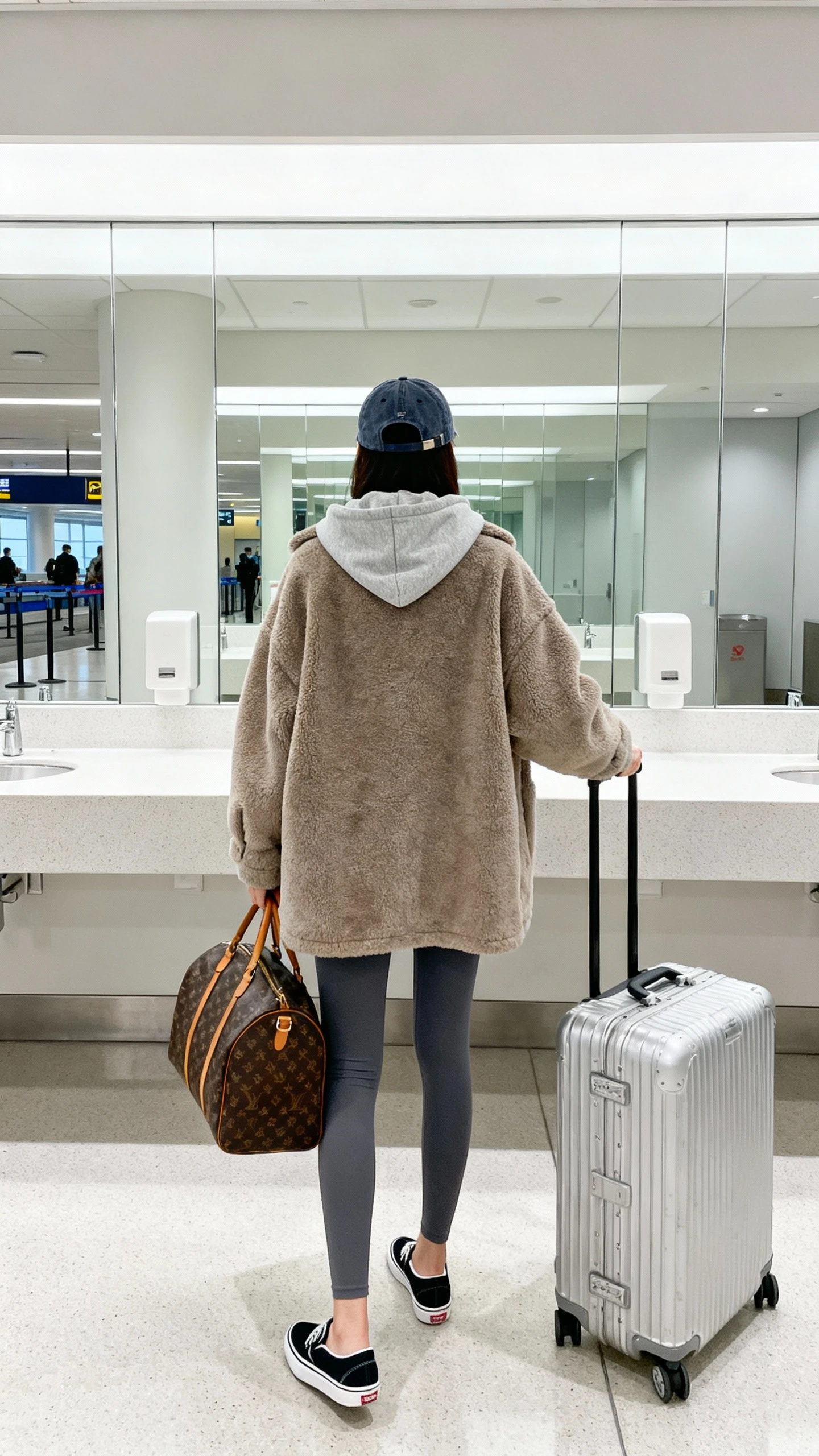 iPhone back-view airport mirror selfie of a woman wearing leggings, oversized cozy coat, lightweight hoodie, slip-on sneakers, weekender bag and suitcase handle, baseball cap, face not visible, terminal restroom mirror, bright indoor lighting, iPhone photo quality