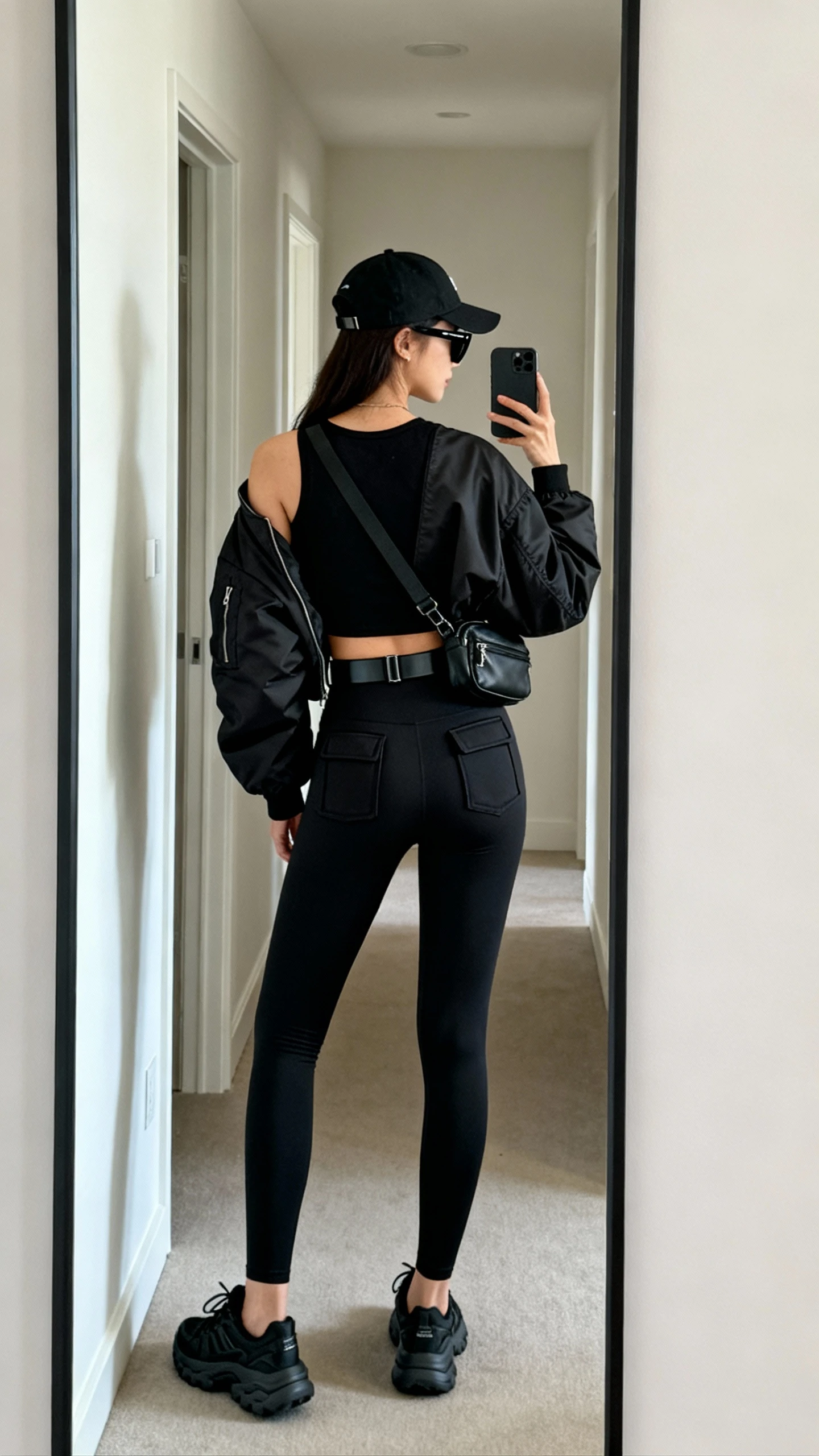 iPhone back-view mirror selfie of a woman wearing a black cropped tank, black high-waisted leggings with pockets, boxy black bomber jacket, all-black cushioned sneakers, black baseball cap, black belt bag worn crossbody, and matte black sunglasses, face not visible, hallway full-length mirror, natural daylight, iPhone photo quality.
