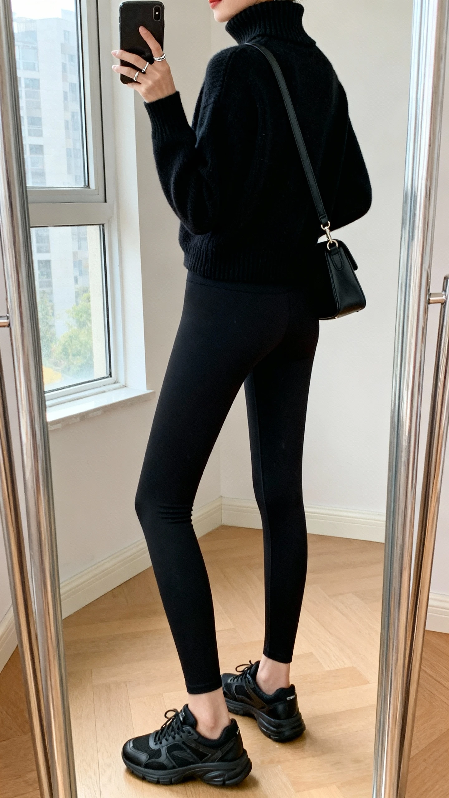iPhone back-view mirror selfie of a woman wearing monochrome black leggings, black mock-neck sweater, black sleek sneakers, black crossbody, minimal rings, face not visible, full-length mirror, natural window light, iPhone photo quality