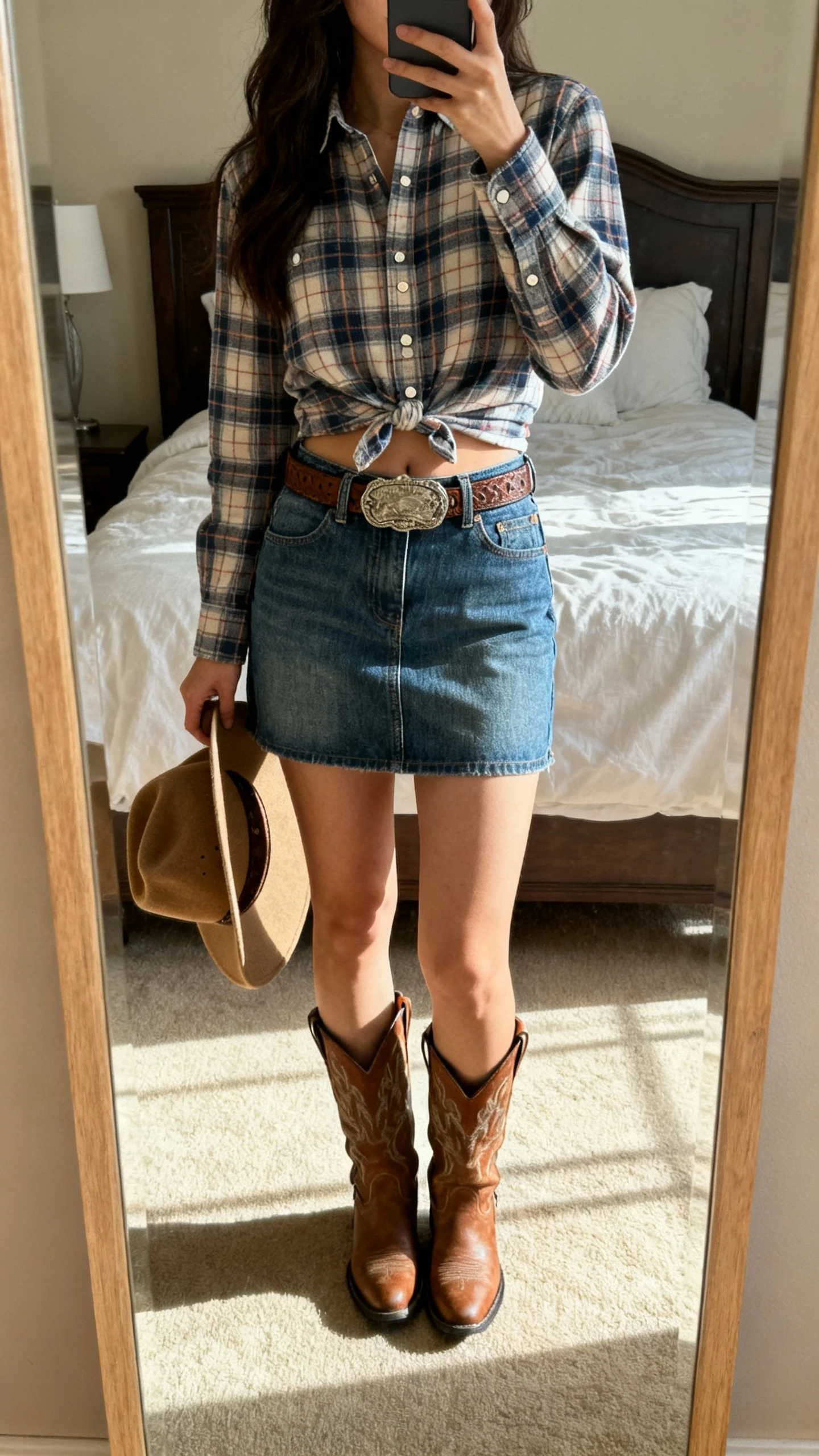 iPhone back view mirror selfie of a woman wearing a denim mini skirt, western belt, plaid snap-front shirt half-tucked, cowboy boots, and a felt rancher hat in hand, face not visible, bedroom mirror, natural afternoon light, iPhone photo quality.