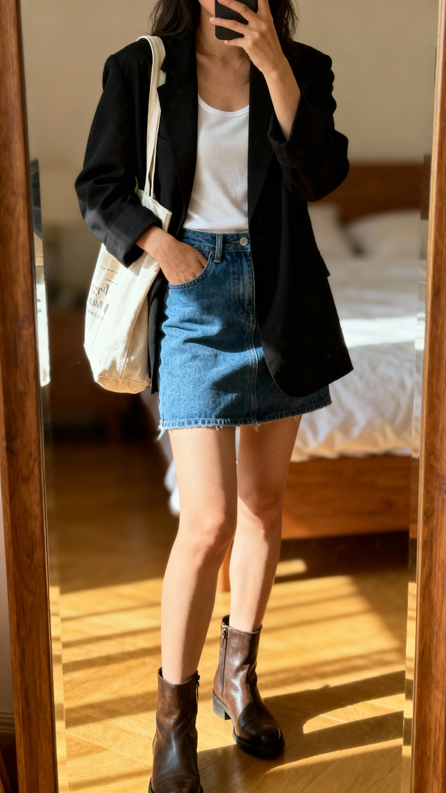 iPhone back-view mirror shot of a woman in a relaxed black blazer over a white tank, blue denim mini skirt, ankle boots, and a casual tote bag, face not visible, bedroom mirror, warm indoor lighting, iPhone photo quality.