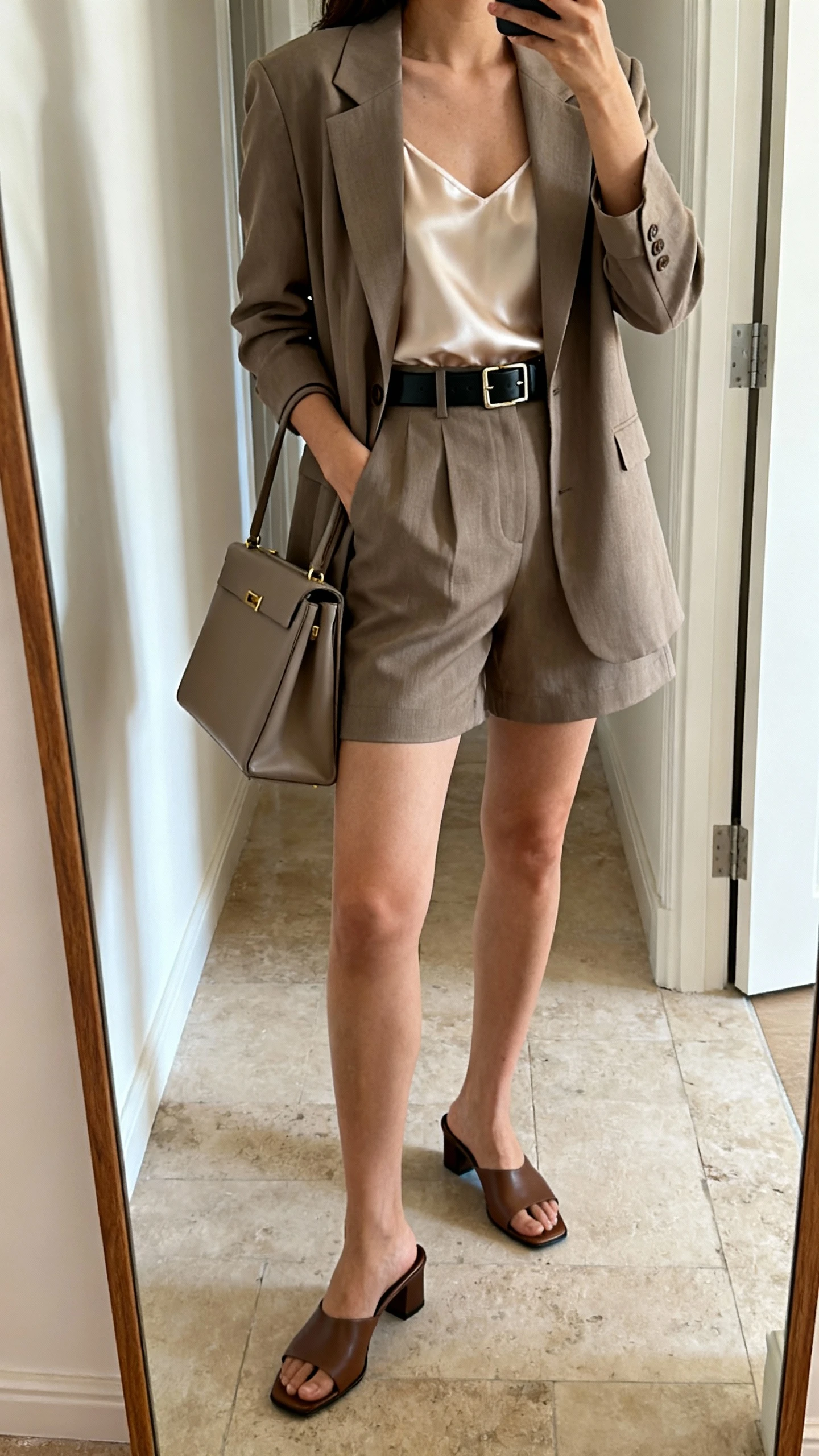 iPhone back-view mirror shot of a woman wearing tailored shorts with a matching blazer, tucked-in silk camisole, sleek belt, structured tote, and low-heel mules, face not visible, hallway mirror, natural daylight, iPhone photo quality.