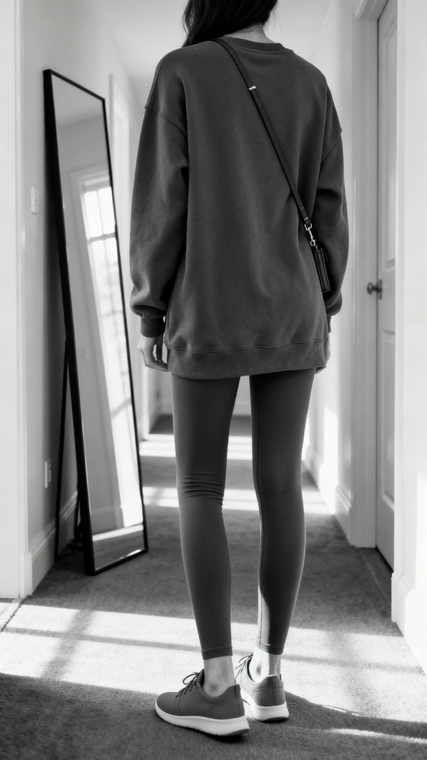 iPhone back view of a woman in monochrome charcoal set: charcoal leggings, matching longline sweatshirt, sleek minimalist sneakers, slim crossbody, face not visible, hallway full-length mirror with diffused daylight, iPhone photo quality