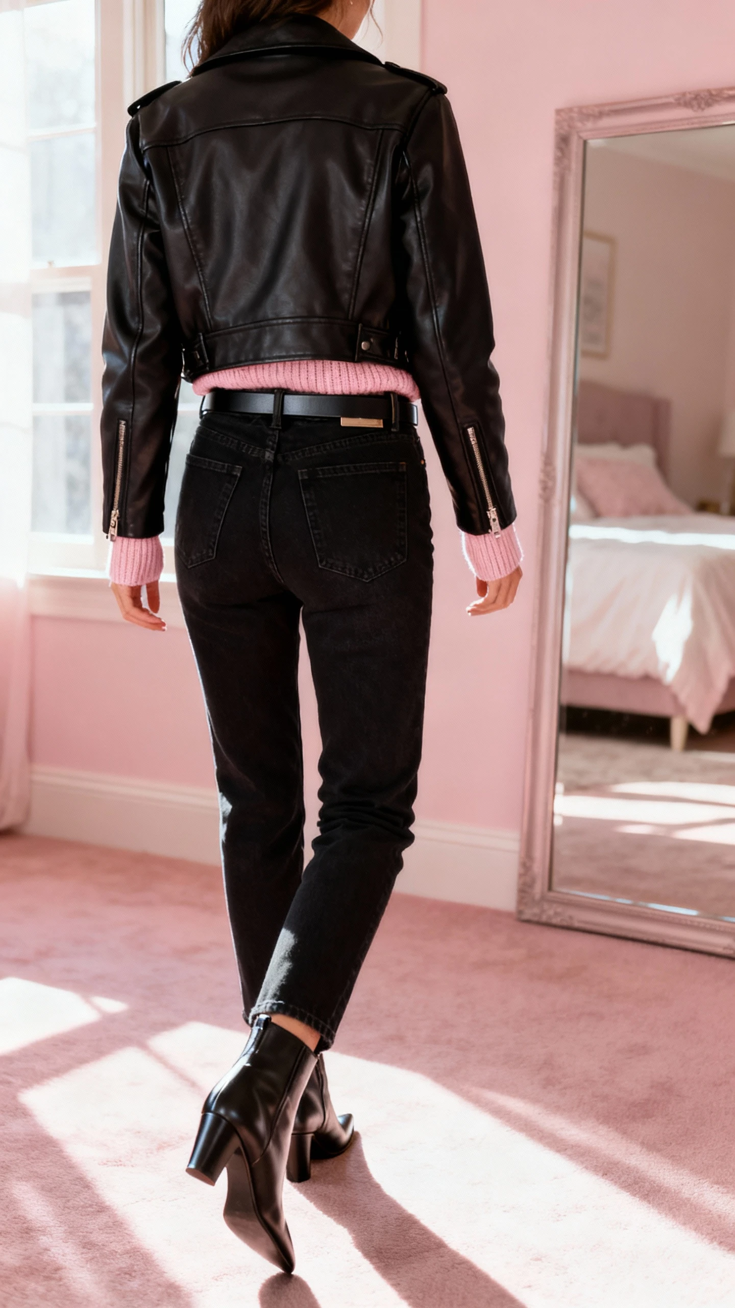 iPhone back view of a woman wearing a black leather jacket over a soft pastel pink knit top, high-waist black jeans, pointed ankle boots, and a slim belt, face not visible, walking pose toward a bedroom mirror, late afternoon window light, iPhone photo quality.