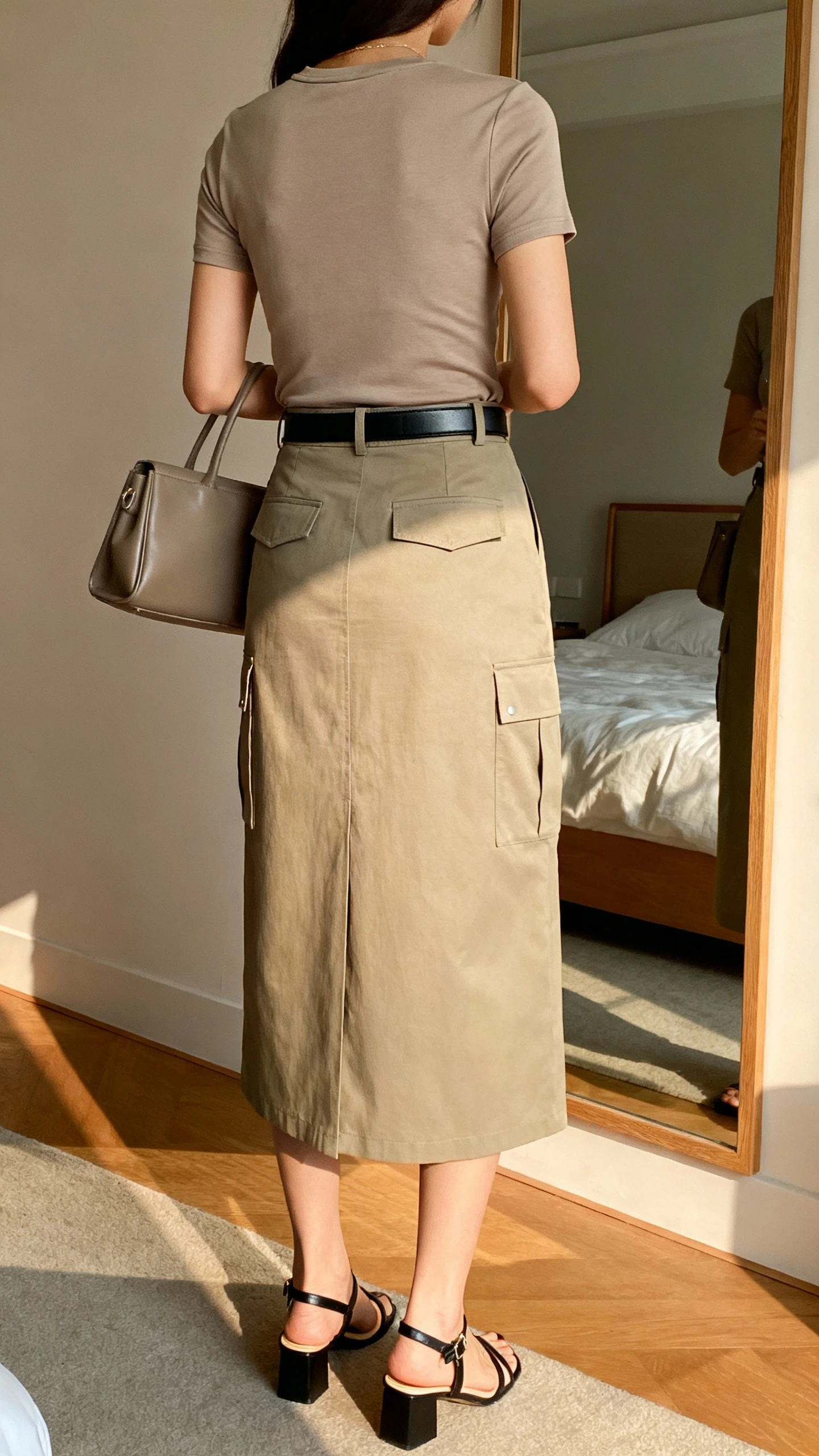 iPhone back view of a woman wearing a cargo midi skirt with a fitted crewneck tee, sleek belt, low block-heel sandals, and a structured tote, face not visible, bedroom mirror, natural afternoon light, iPhone photo quality.