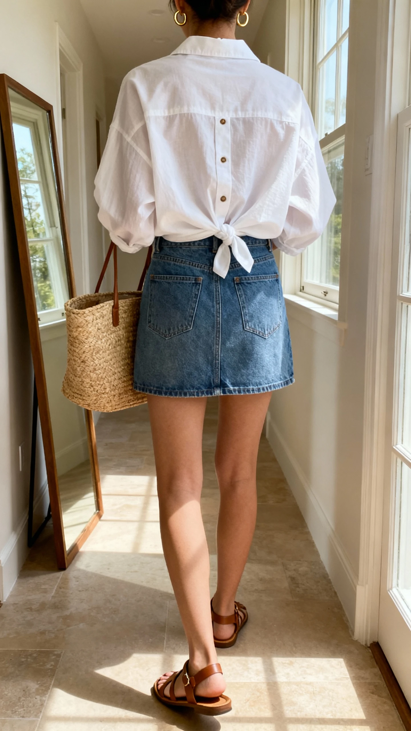 iPhone back view of a woman wearing a denim mini skirt, crisp white oversized button-down half-tucked, leather sandals, raffia tote, and delicate gold hoops, face not visible, hallway full-length mirror, soft afternoon window light, iPhone photo quality.