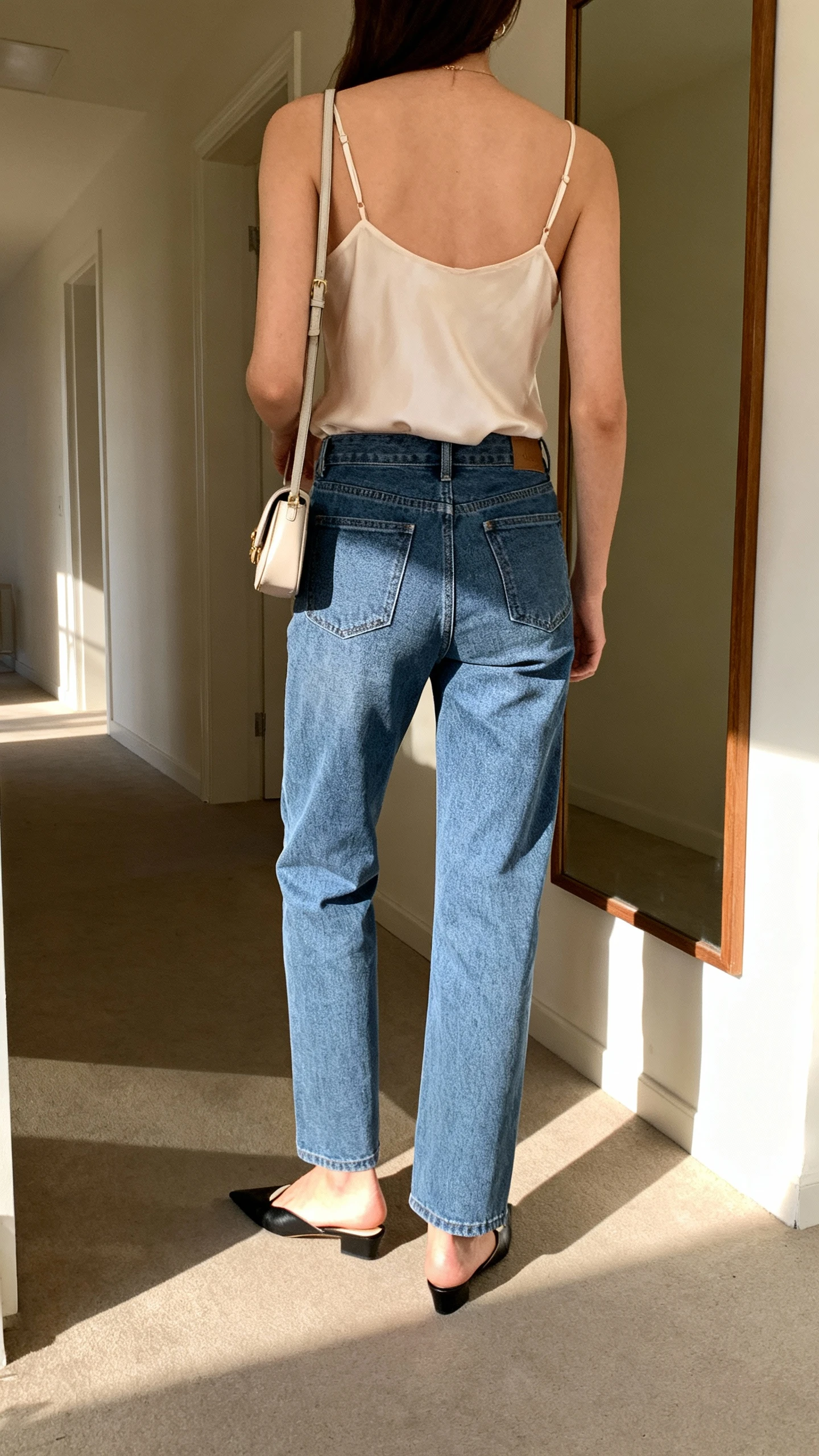 iPhone back view of a woman wearing a lightweight slip dress layered over straight-leg jeans with pointed flats and a small shoulder bag, face not visible, hallway mirror, afternoon indoor light, iPhone photo quality.