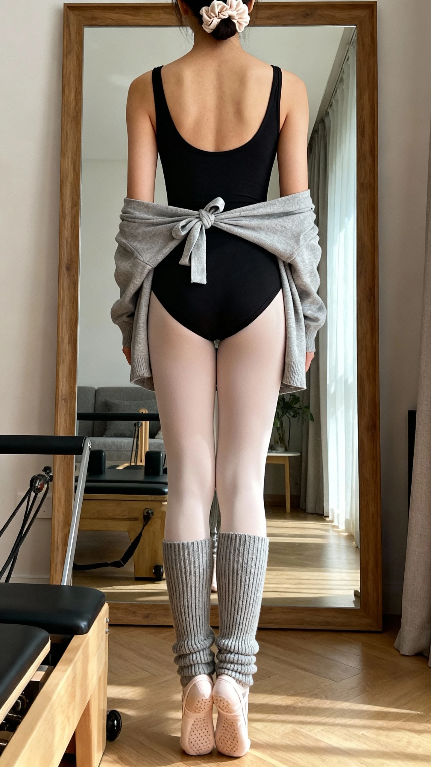 iPhone back view of a woman wearing a Pilates-pretty unitard with ballet-inspired layers: black sleeveless unitard, wrap ballet cardigan tied at the waist, ribbed leg warmers, delicate grip socks, and a soft scrunchie, face not visible, studio-style full-length mirror at home, natural daylight, iPhone photo quality.