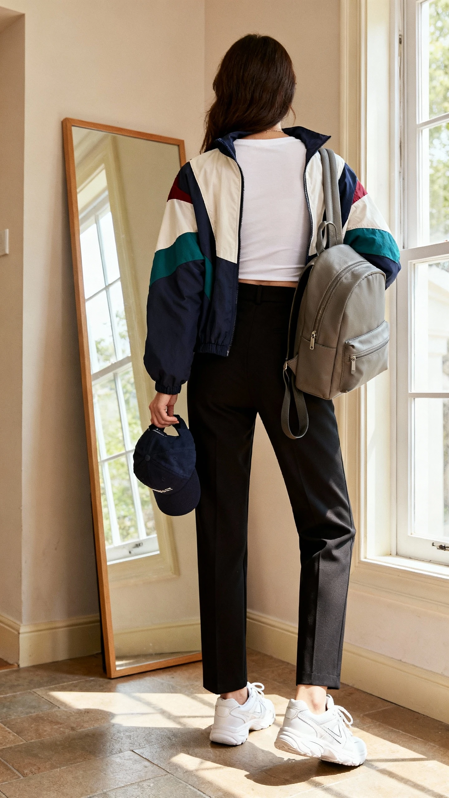 iPhone back view of a woman wearing a sporty color-block windbreaker over a white fitted tee and tailored black trousers, clean white sneakers, baseball cap in hand, and a minimalist backpack, face not visible, hallway full-length mirror, morning window light, iPhone photo quality.