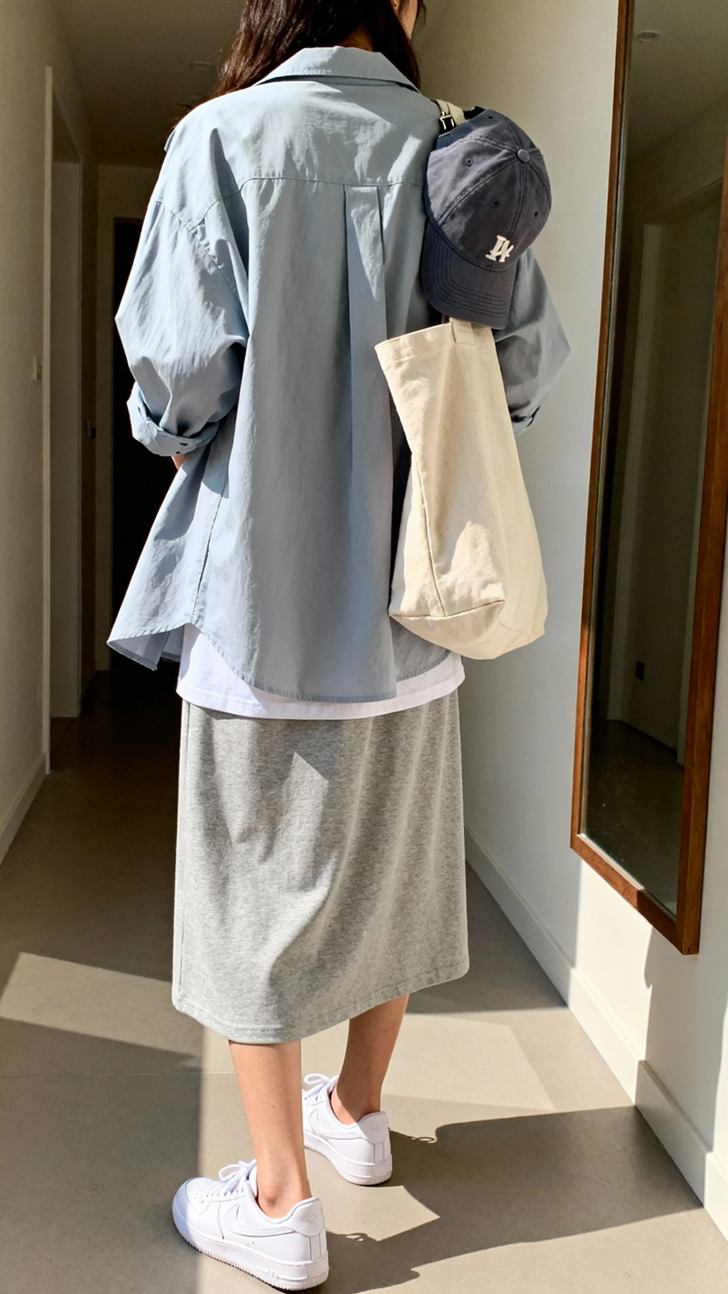 iPhone back view of a woman wearing a T-shirt dress layered with a relaxed overshirt, white low-top sneakers, and a baseball cap clipped to a canvas tote, face not visible, hallway mirror, bright indoor daylight, iPhone photo quality.