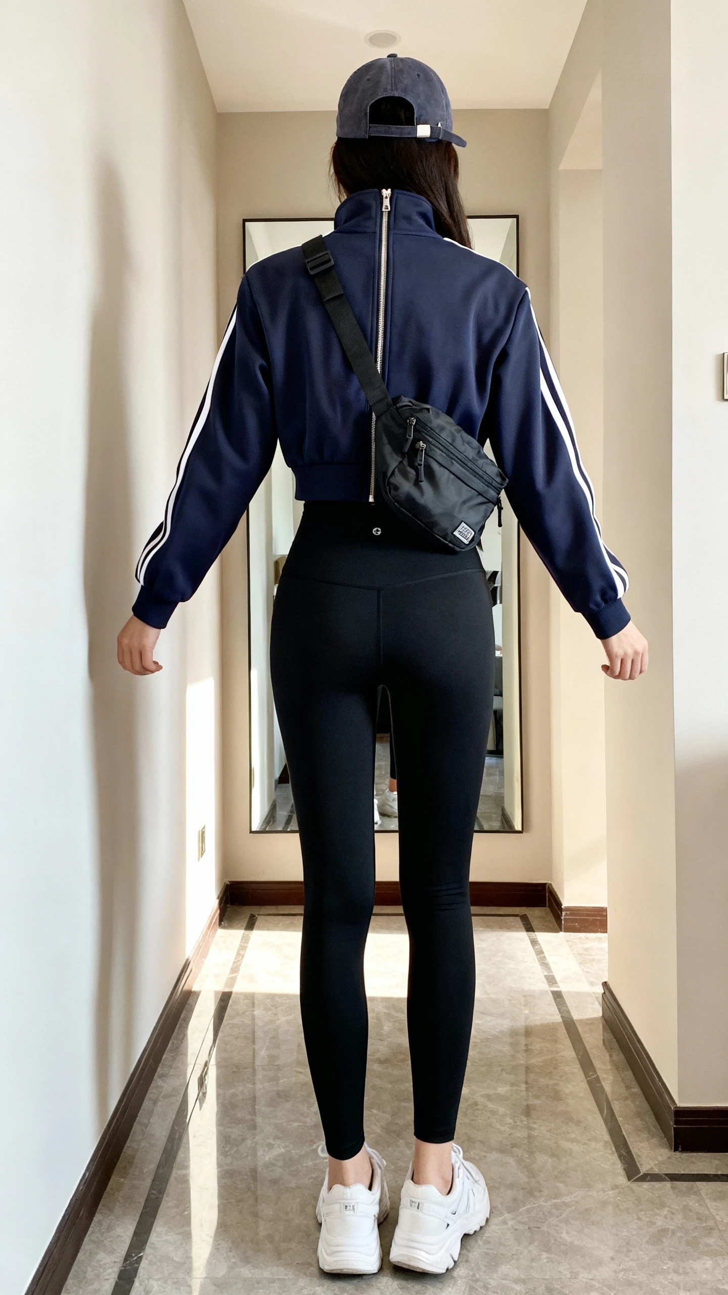 iPhone back view of a woman wearing a tailored zip-up track jacket with high-waist black leggings, clean white trainers, crossbody nylon bag, baseball cap, face not visible, hallway mirror, bright indoor daylight, iPhone photo quality