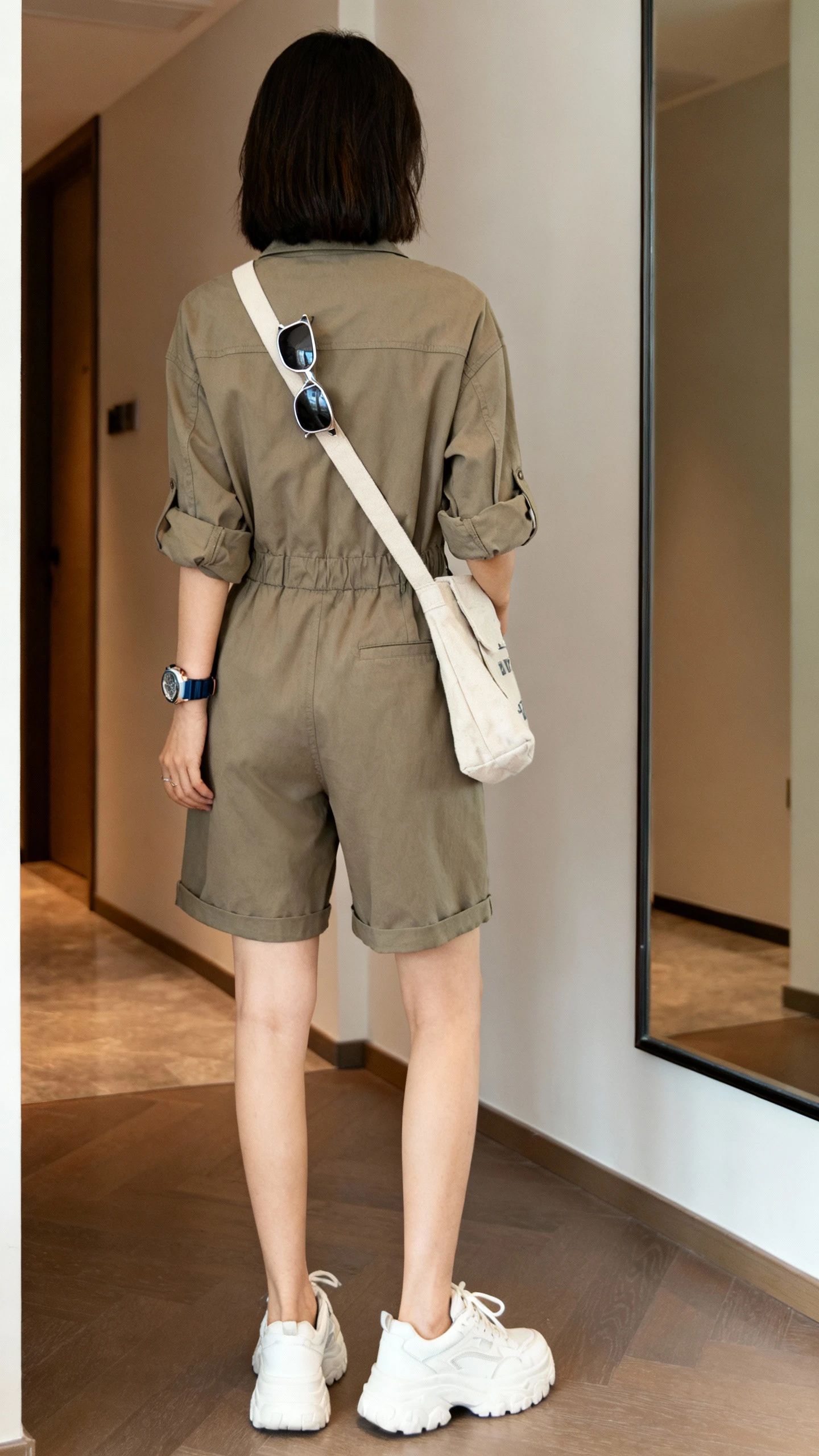 iPhone back view of a woman wearing a utility romper with rolled sleeves, chunky white sneakers, canvas crossbody, aviator sunglasses tucked in neckline, and a sporty watch, face not visible, hallway mirror, natural indoor light, iPhone photo quality
