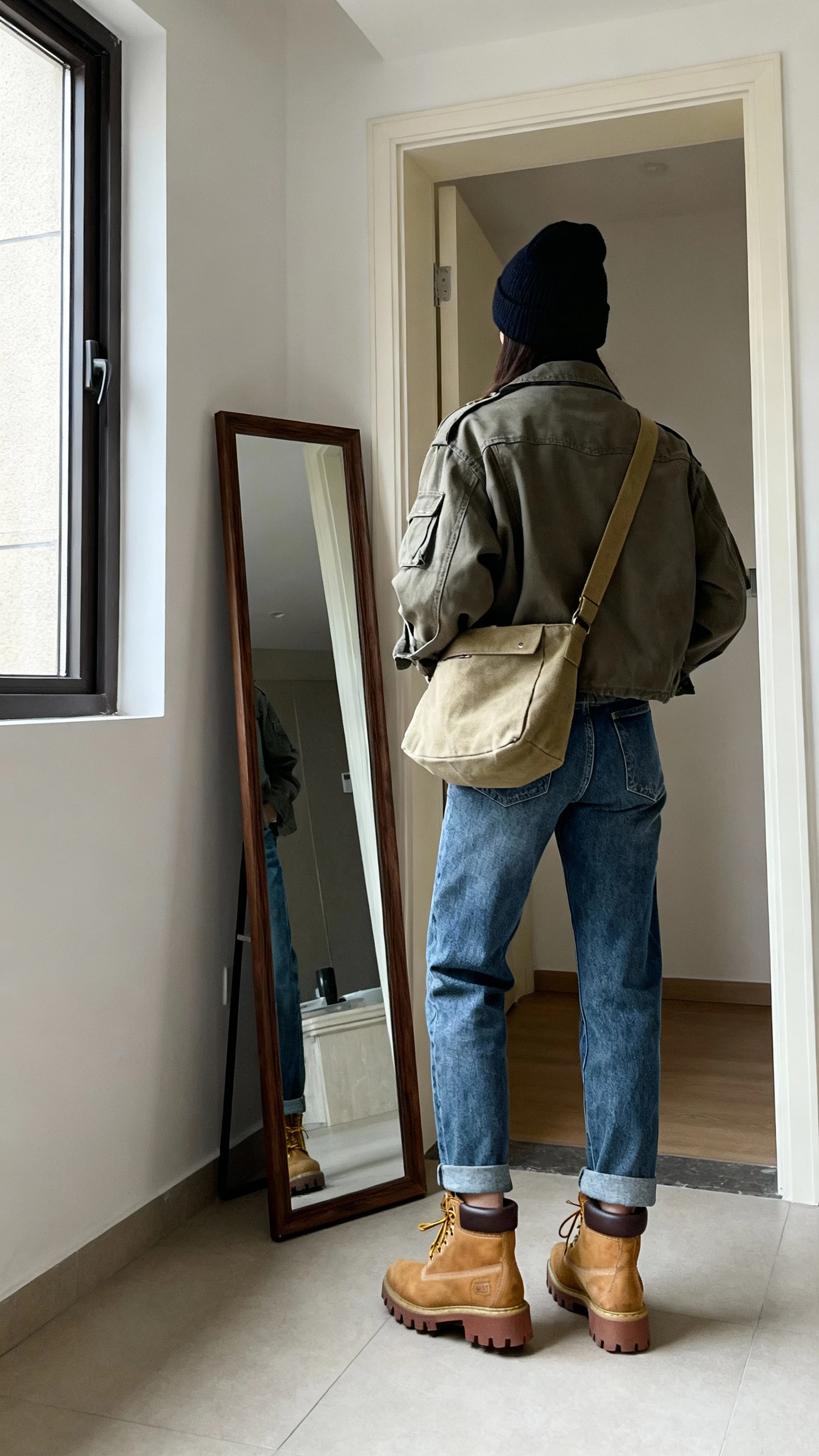 iPhone back view of a woman wearing mom jeans, a cargo jacket, lug-sole boots, a canvas crossbody, and a beanie, face not visible, entryway full-length mirror with natural window light, iPhone photo quality.