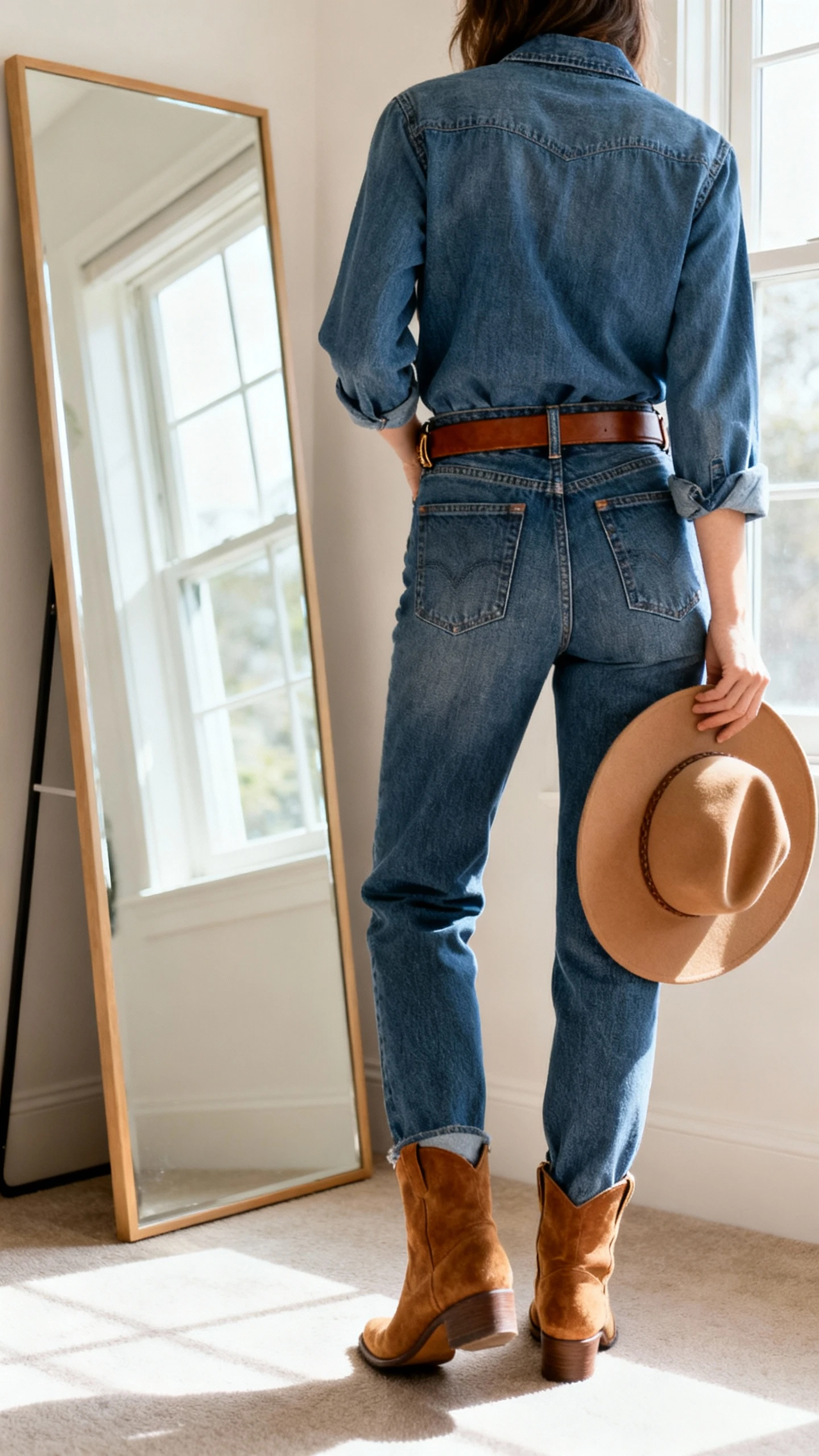 iPhone back view of a woman wearing mom jeans, denim shirt tucked in, slim brown Western-style belt, suede ankle boots, structured camel hat held at side (not worn), face not visible, full-length mirror near window, natural daylight, iPhone photo quality