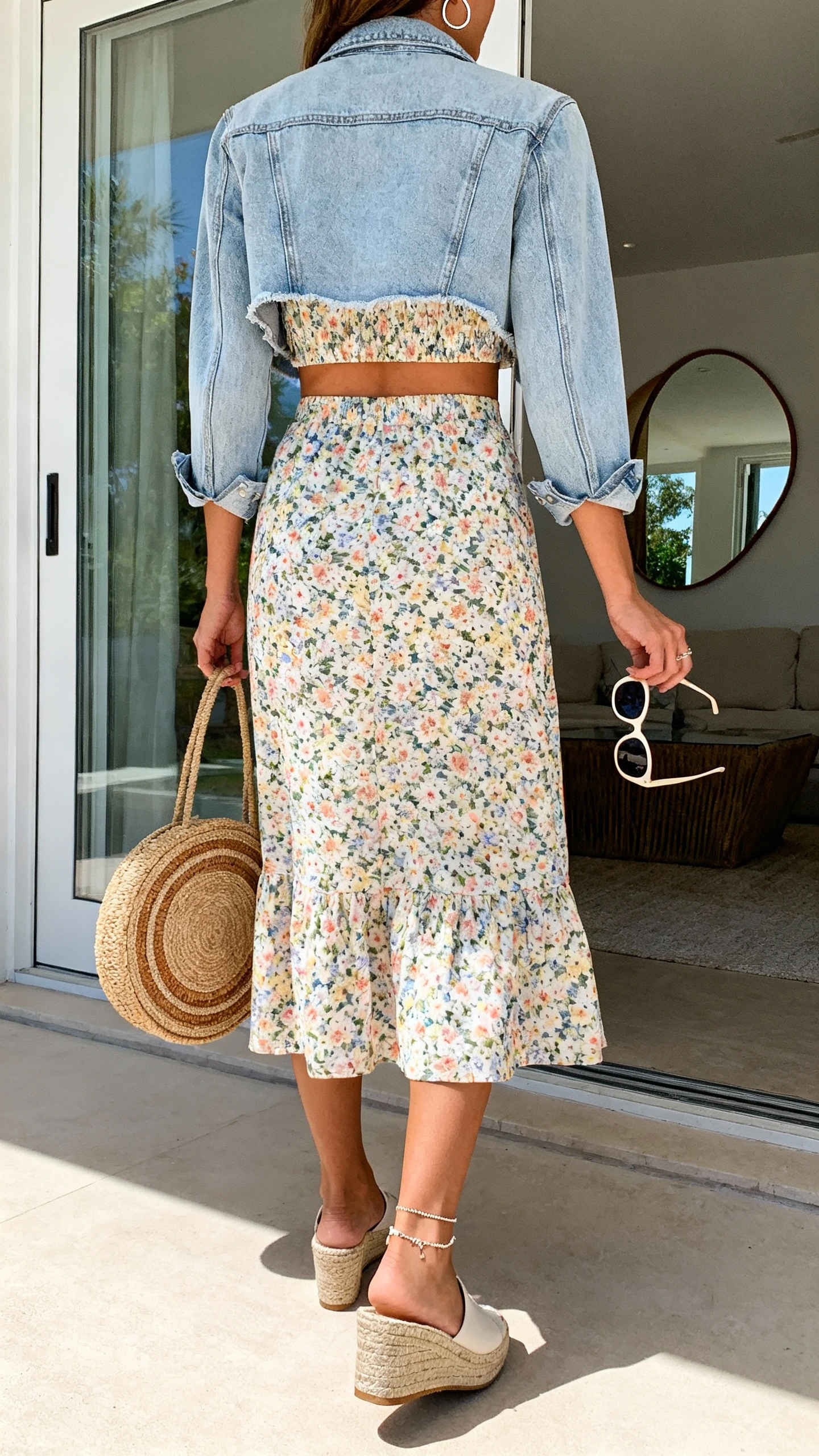 iPhone back-view photo of a woman in a floral co-ord set (crop top and midi skirt), light slightly cropped denim jacket, wedge espadrilles, woven circle straw bag, delicate anklet, small hoops, and oversized sunglasses in hand, face not visible, patio door mirror look with bright daylight, iPhone photo quality.