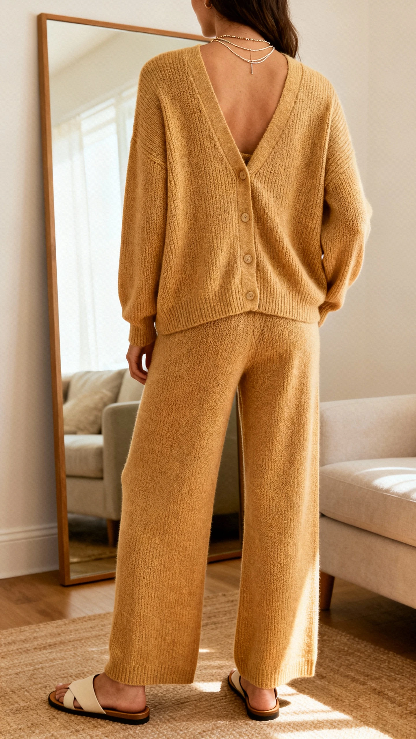 iPhone back-view photo of a woman in a matching soft knit set (cardigan and wide-leg knit pants) with slide sandals and delicate layered necklaces, face not visible, living room full-length mirror, warm indoor light, iPhone photo quality.