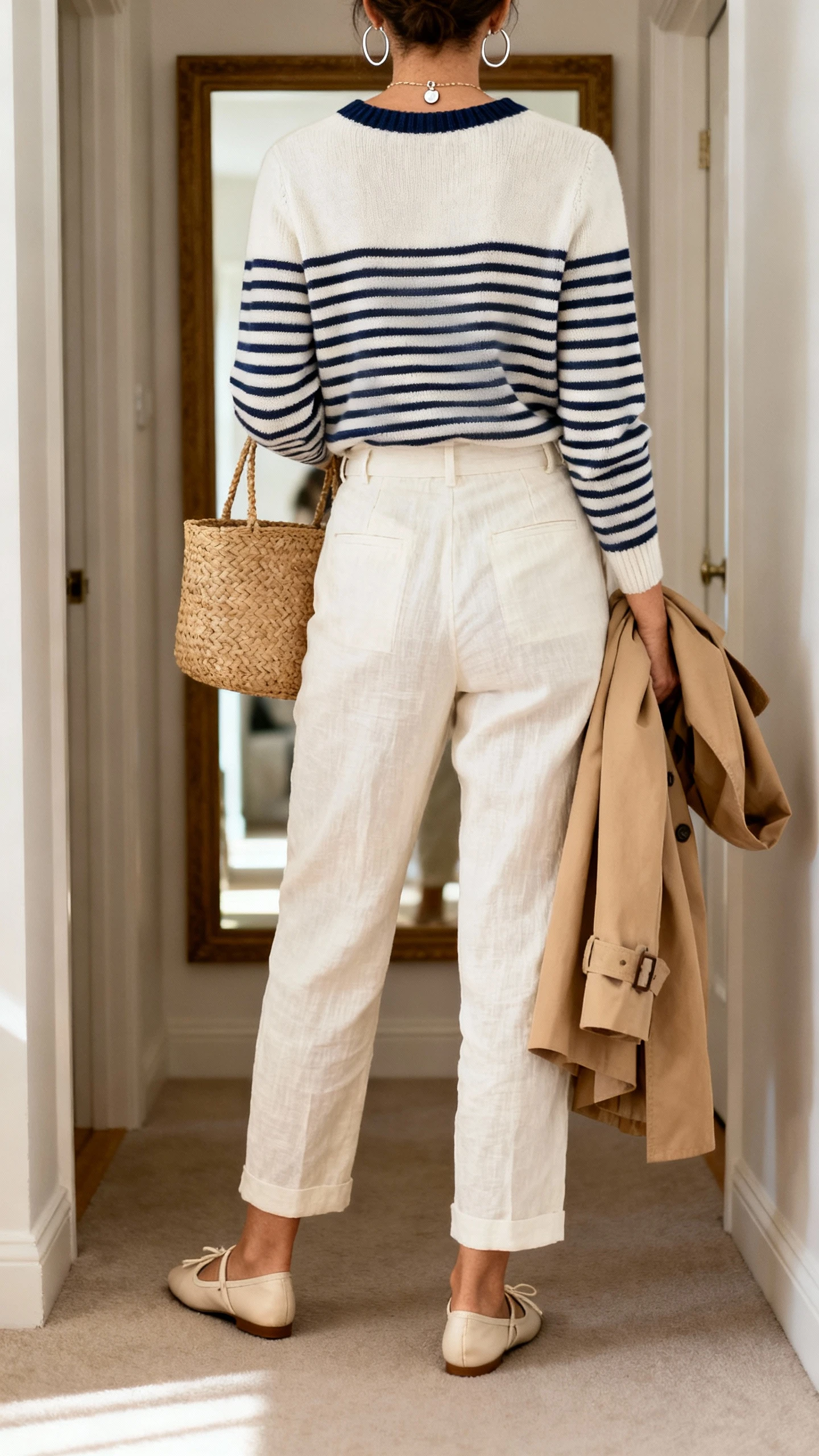 iPhone back-view photo of a woman in cream high-waisted linen trousers and a navy-and-white striped boatneck sweater, leather ballet flats, woven tote, subtle pendant necklace, medium hoops, lightweight tan trench draped over arm, face not visible, hallway mirror, soft morning light, iPhone photo quality.