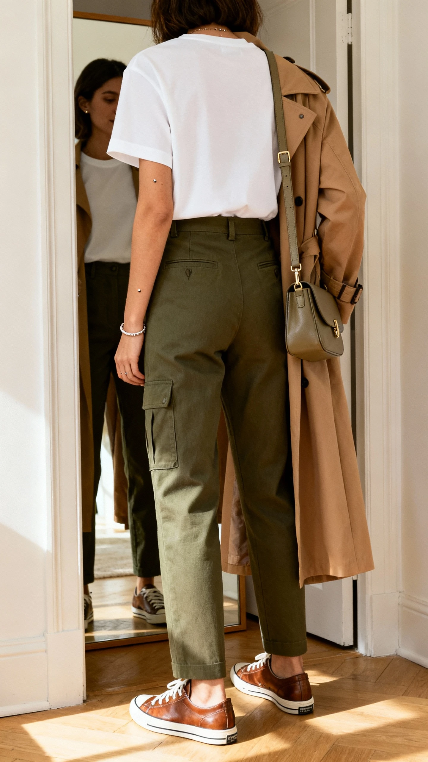 iPhone back-view photo of a woman in straight-leg olive cargo pants with a structured white boxy tee and a camel trench coat, leather low-top sneakers, medium crossbody, minimalist bracelet and small studs, face not visible, full-length mirror by doorway, indoor morning light, iPhone photo quality.