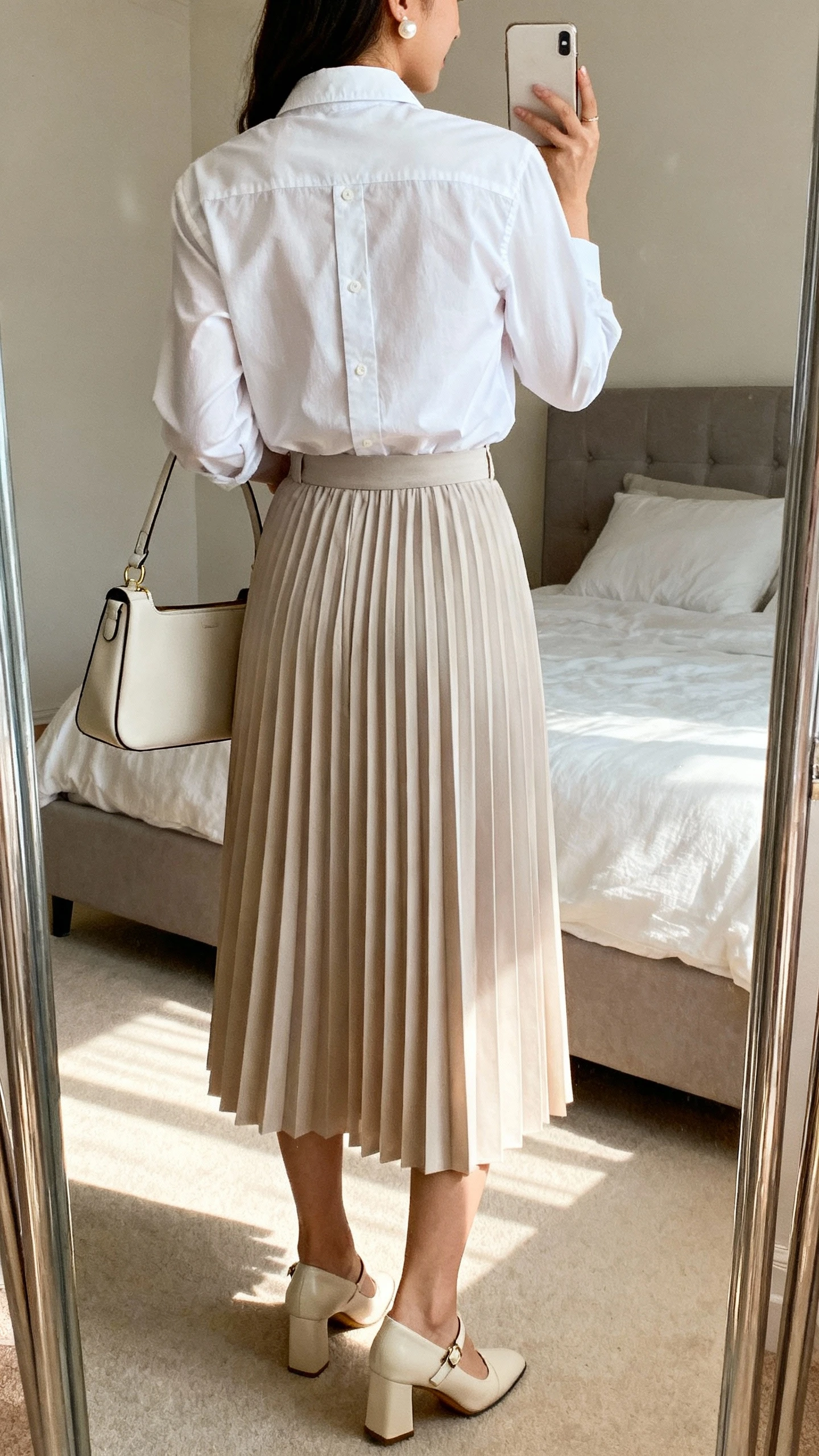 iPhone back-view selfie of a woman in a crisp white button-up shirt tucked into a pleated midi skirt, heeled Mary Janes, structured top-handle bag, pearl studs, face not visible, bedroom mirror, soft morning light, iPhone photo quality.