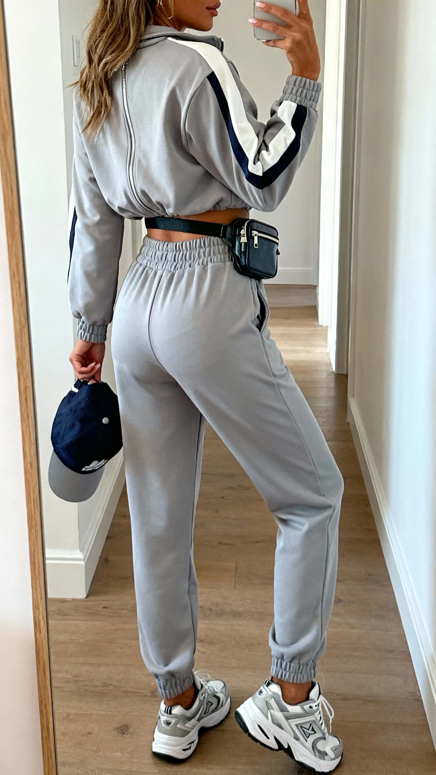 iPhone back-view selfie of a woman wearing a sporty-chic matching set (zip-up track jacket and high-waist joggers), sleek sneakers, baseball cap in hand, mini belt bag, face not visible, hallway full-length mirror, bright indoor light, iPhone photo quality.