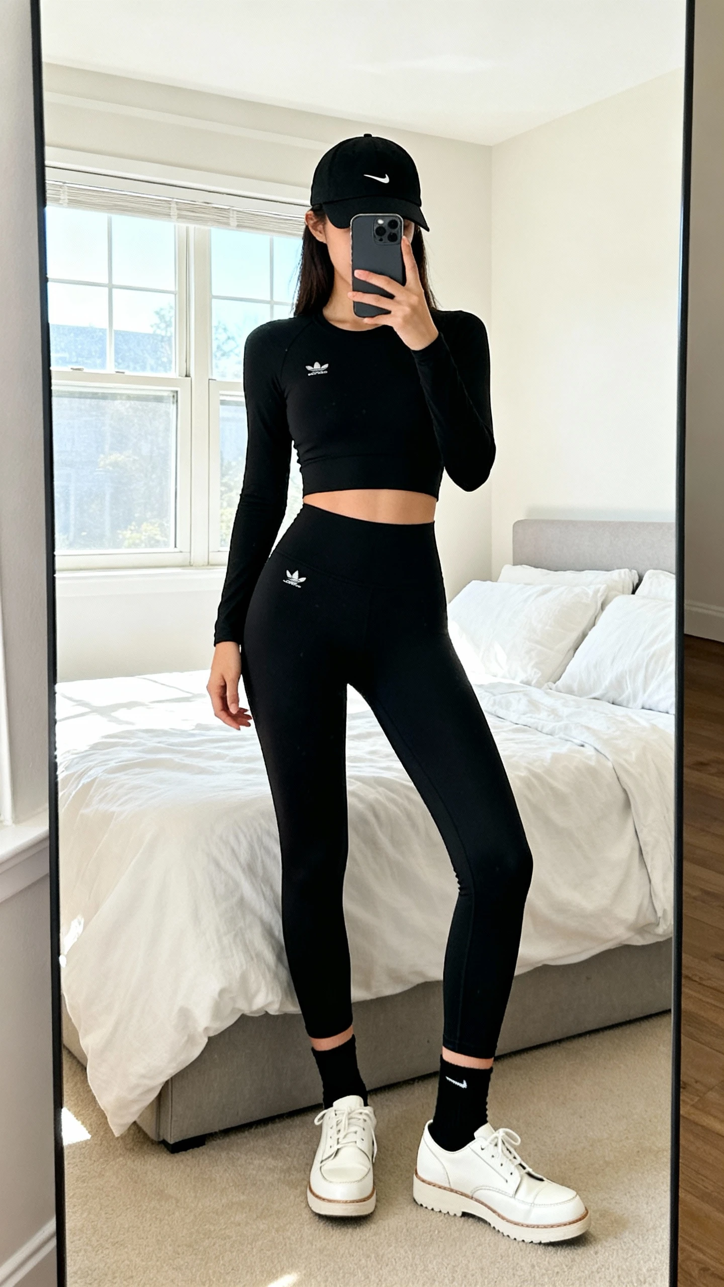 iPhone full-length mirror selfie of a woman wearing a matching black seamless set with minimal logo, clean-lined white leather sneakers, black ankle socks, and a streamlined black cap, face not visible, cropped at neck, bright bedroom window light, iPhone photo quality.