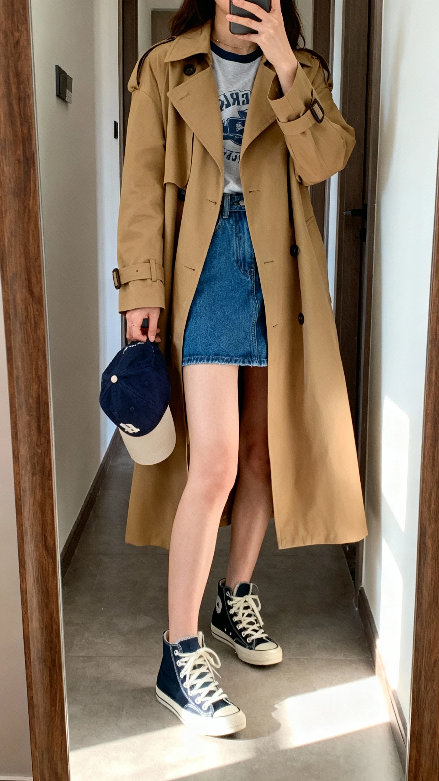 iPhone hallway mirror selfie of a woman wearing a long tan trench coat layered over a blue denim mini skirt and tee, high-top sneakers, and a baseball cap in hand, face not visible, cropped at neck, indoor daylight, iPhone photo quality.