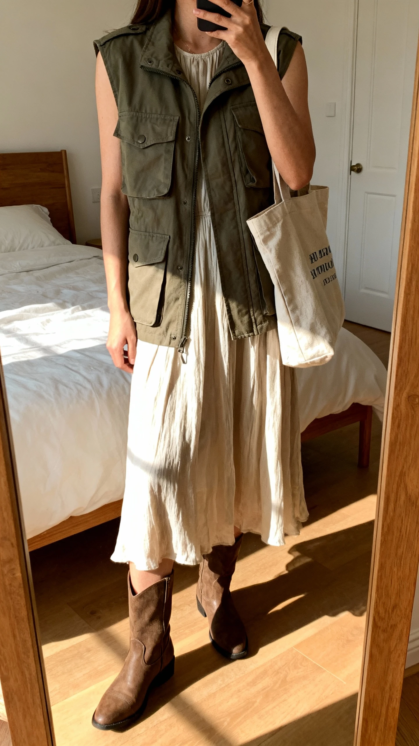 iPhone mirror selfie of a woman in a cargo vest layered over a flowy midi dress with mid-calf boots and a canvas tote, face not visible, cropped at shoulders, bedroom mirror, natural afternoon light, iPhone photo quality.