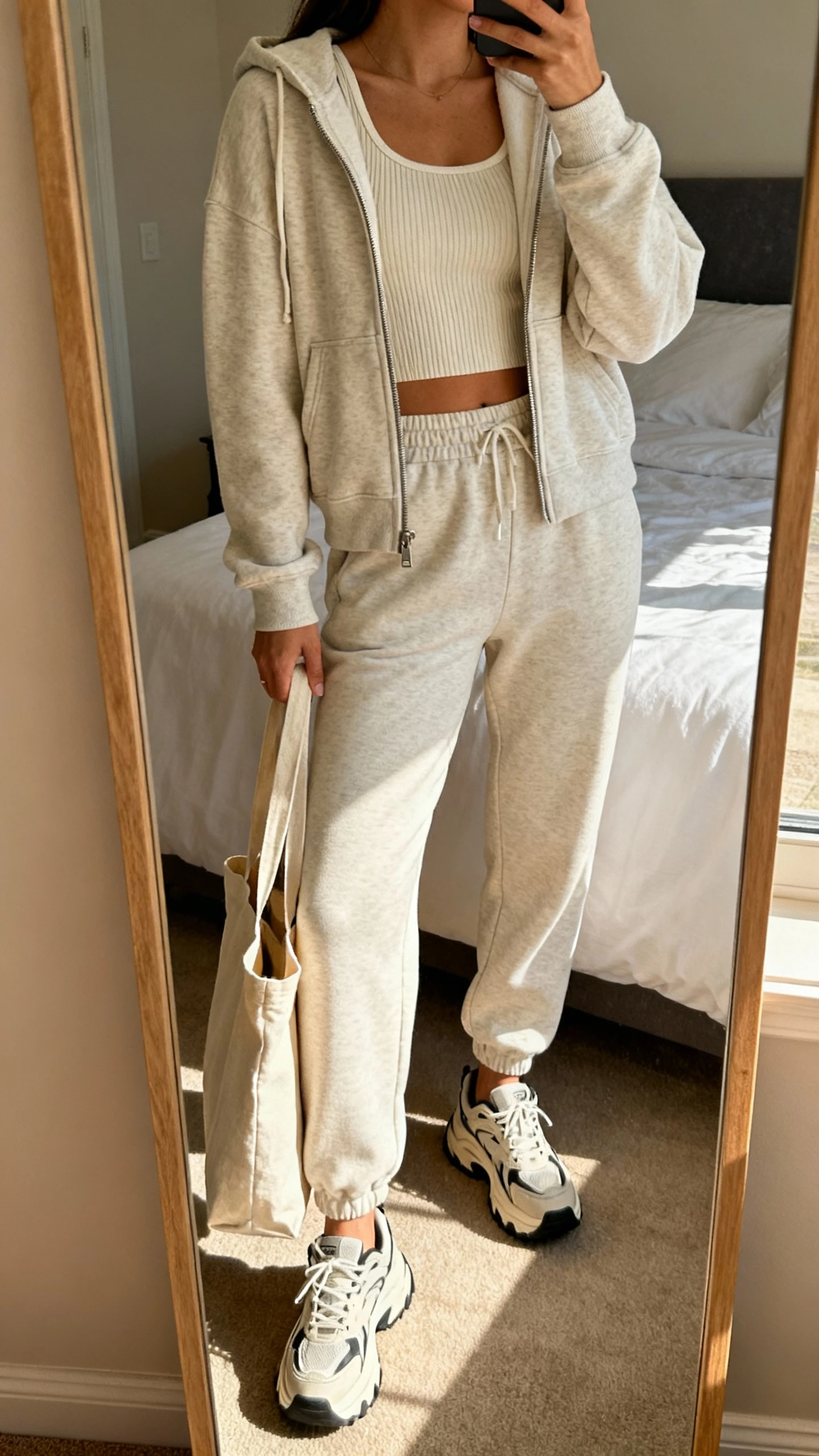 iPhone mirror selfie of a woman in a cozy athleisure set: matching zip hoodie and jogger leggings, fitted ribbed tank underneath, chunky sneakers, and a canvas tote on arm, face not visible, bedroom full-length mirror, warm afternoon light, iPhone photo quality.