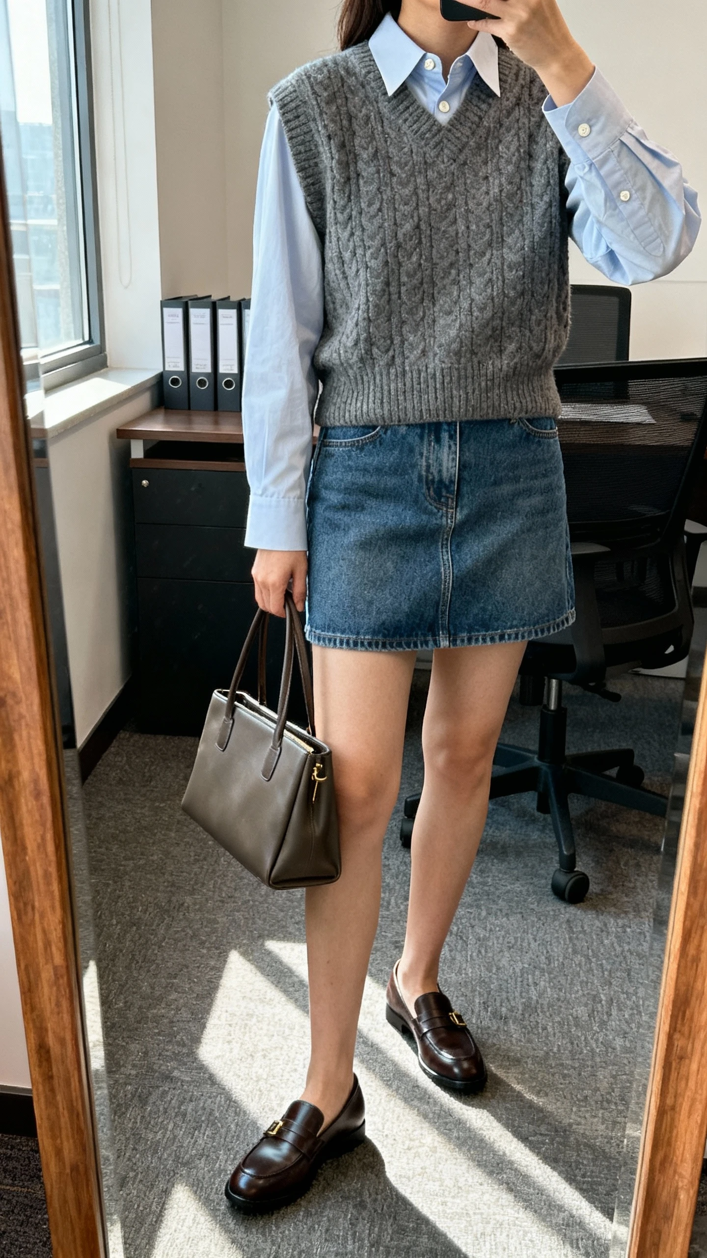 iPhone mirror selfie of a woman in a crisp collared button-up layered under a knit sweater vest, denim mini skirt, loafers, and a structured tote, face not visible, cropped at neck, office mirror with natural window light, iPhone photo quality.
