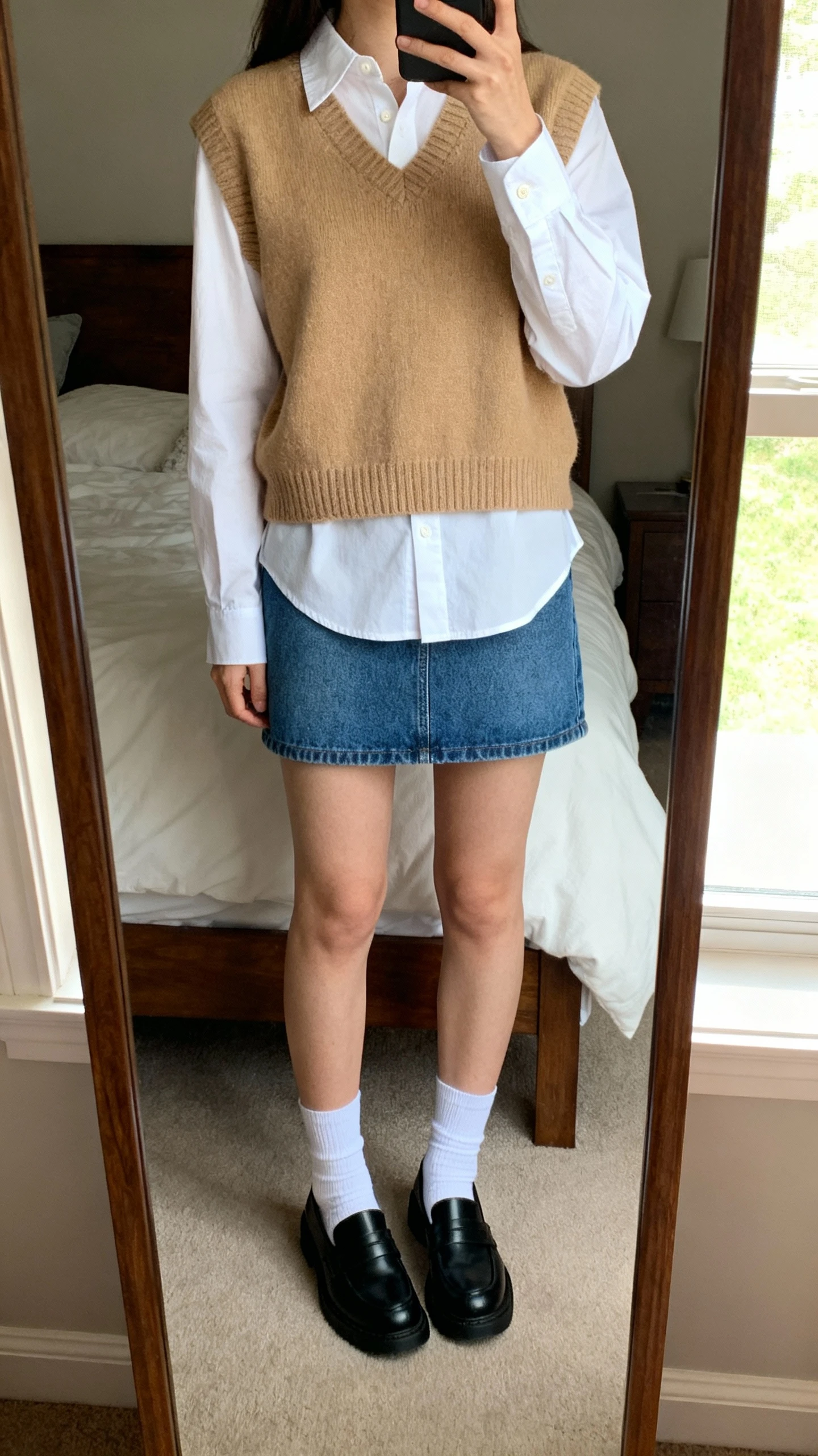 iPhone mirror selfie of a woman in a crisp white button-up layered under a tan sweater vest, blue denim mini skirt, white socks, and black loafers, face not visible, cropped at neck, bedroom mirror, natural window light, iPhone photo quality.