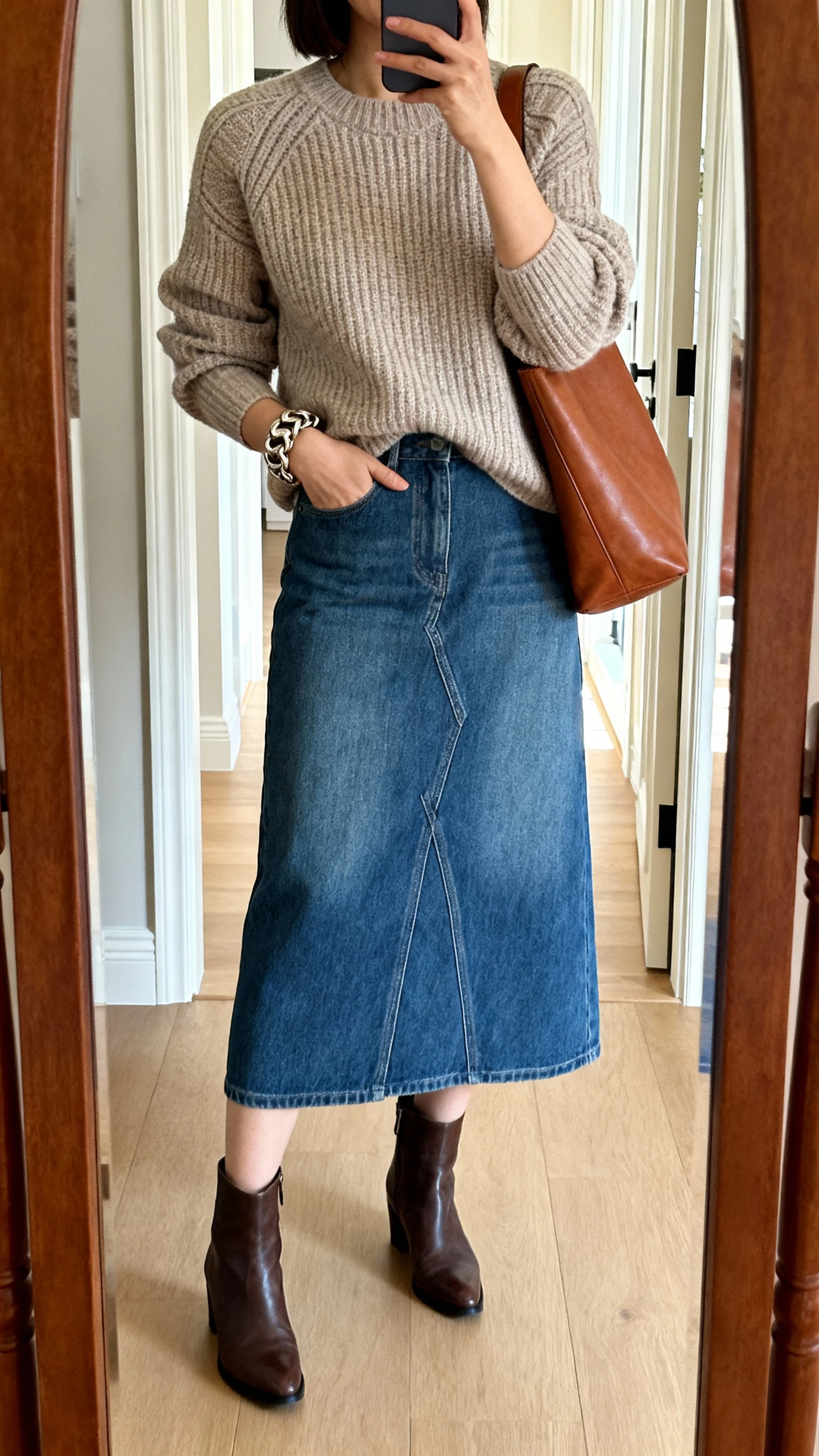 iPhone mirror selfie of a woman in a denim midi skirt with a structured knit sweater, ankle boots, leather shoulder bag, chunky bracelet, face not visible, cropped at shoulders, entryway mirror, natural daylight, iPhone photo quality.