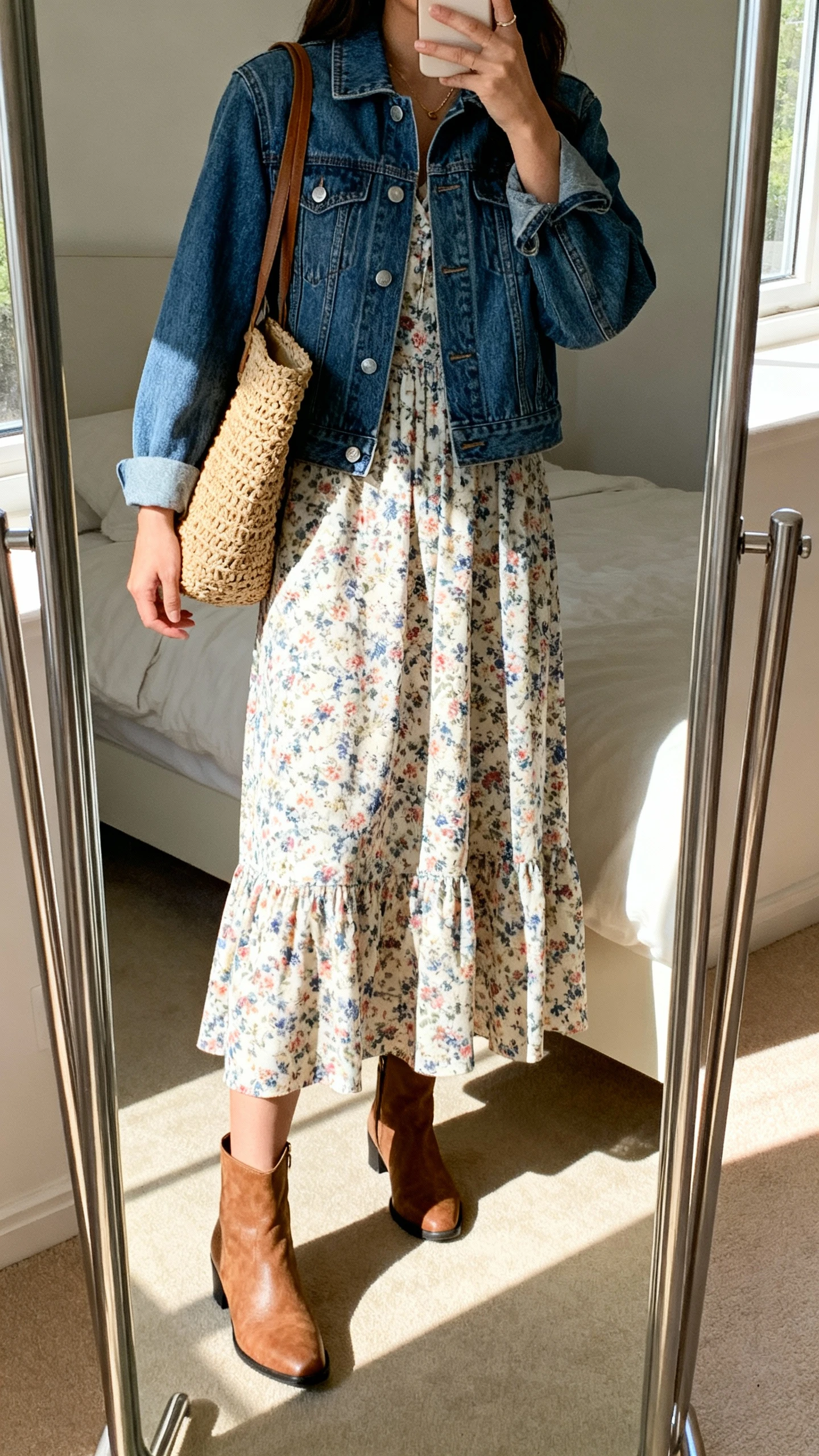 iPhone mirror selfie of a woman in a floral midi dress layered with a classic denim jacket, ankle boots, and a woven bag, face not visible, cropped at shoulders, bedroom mirror with morning window light, iPhone photo quality.