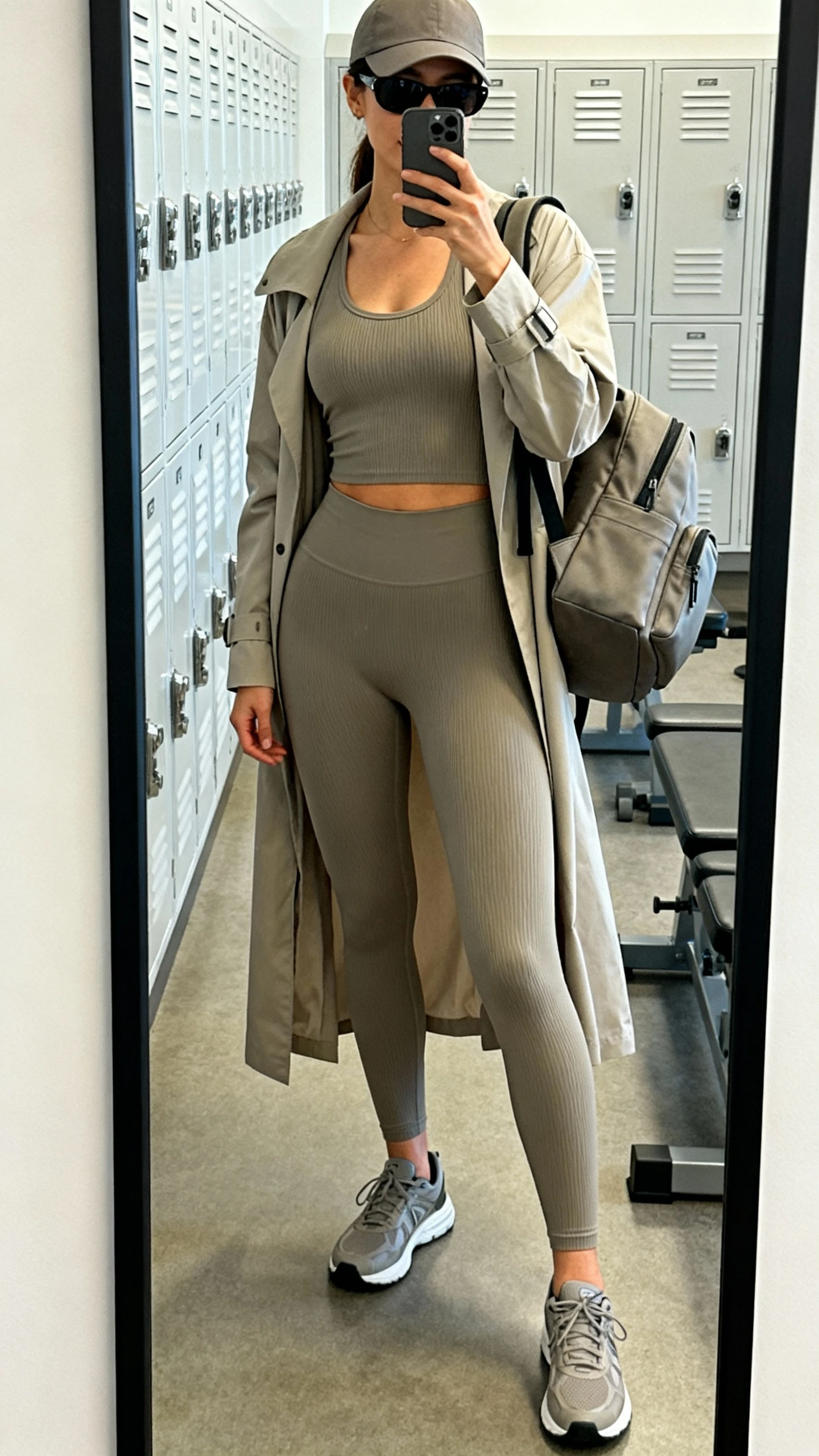 iPhone mirror selfie of a woman in a matching ribbed tank and high-waisted leggings set with a lightweight longline coat in a coordinating neutral, streamlined trainers, structured backpack, sleek sunglasses and minimal cap, face not visible, gym locker room mirror, bright indoor lighting, iPhone photo quality.