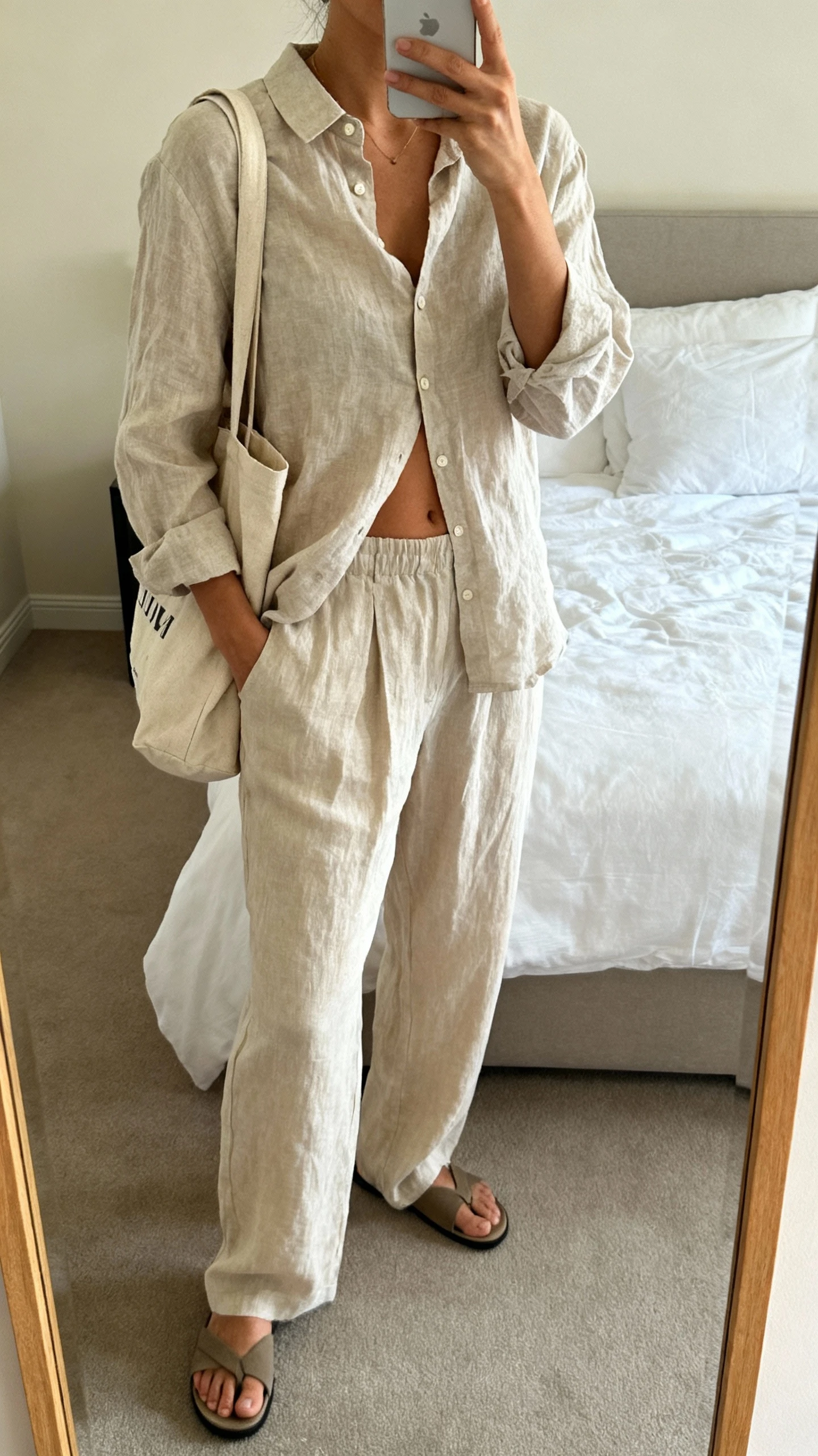 iPhone mirror selfie of a woman in a relaxed linen button-up half-tucked into fluid relaxed trousers, flat slides, and a canvas tote, face not visible, cropped at neck, bedroom mirror, soft natural light, iPhone photo quality.
