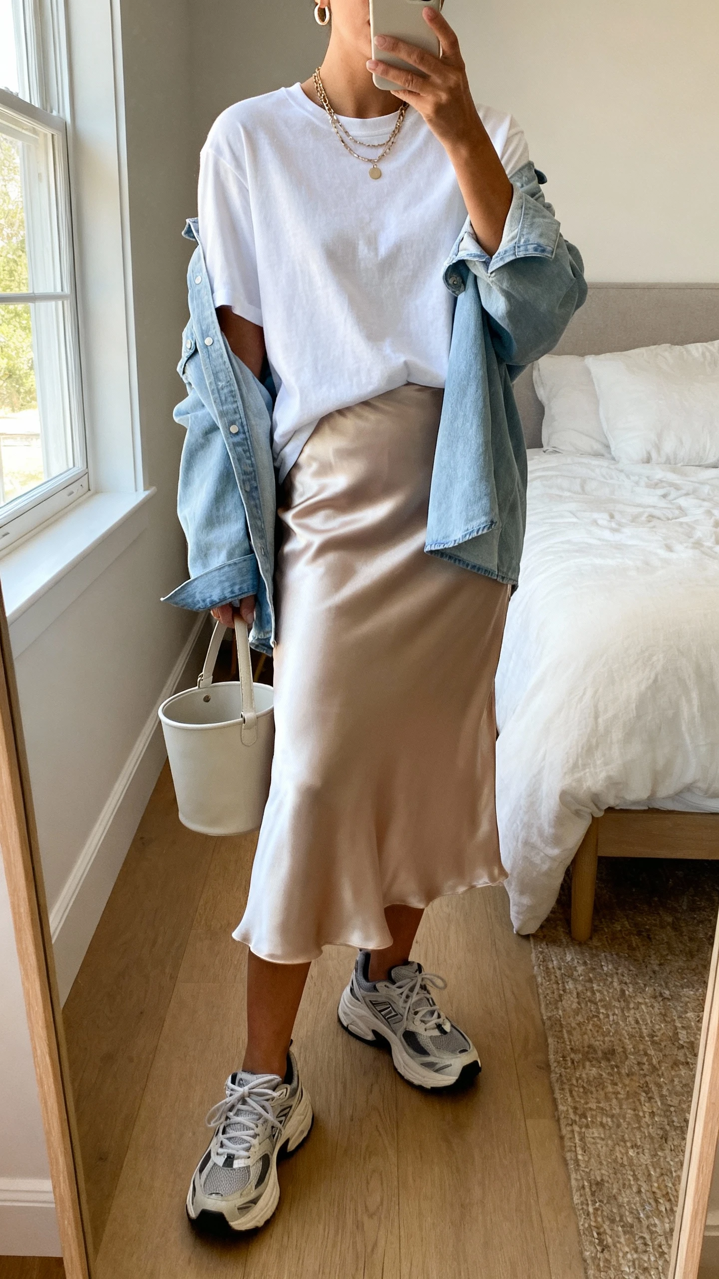 iPhone mirror selfie of a woman in a slightly relaxed crewneck white tee, a satin midi slip skirt, an open denim shirt as a light jacket, chunky sneakers, a bucket bag, layered necklaces and small hoops, face not visible, cropped at shoulders, bedroom mirror, natural window light, iPhone photo quality.