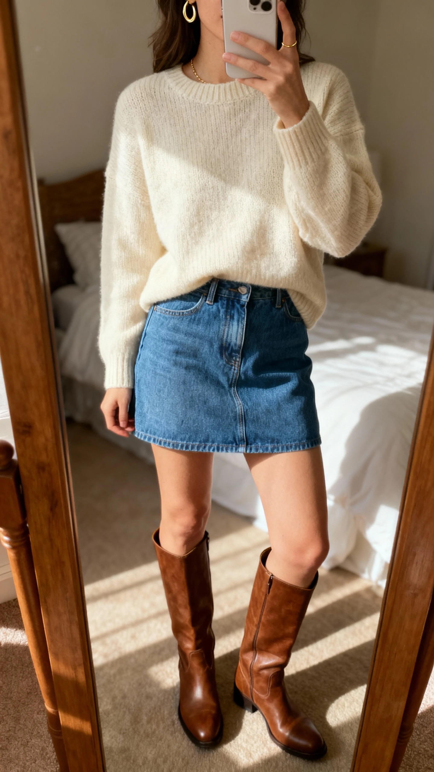iPhone mirror selfie of a woman in a soft cream knit sweater tucked into a blue denim mini skirt with brown knee-high boots and delicate gold hoops, face not visible, bedroom mirror, cozy afternoon light, iPhone photo quality.