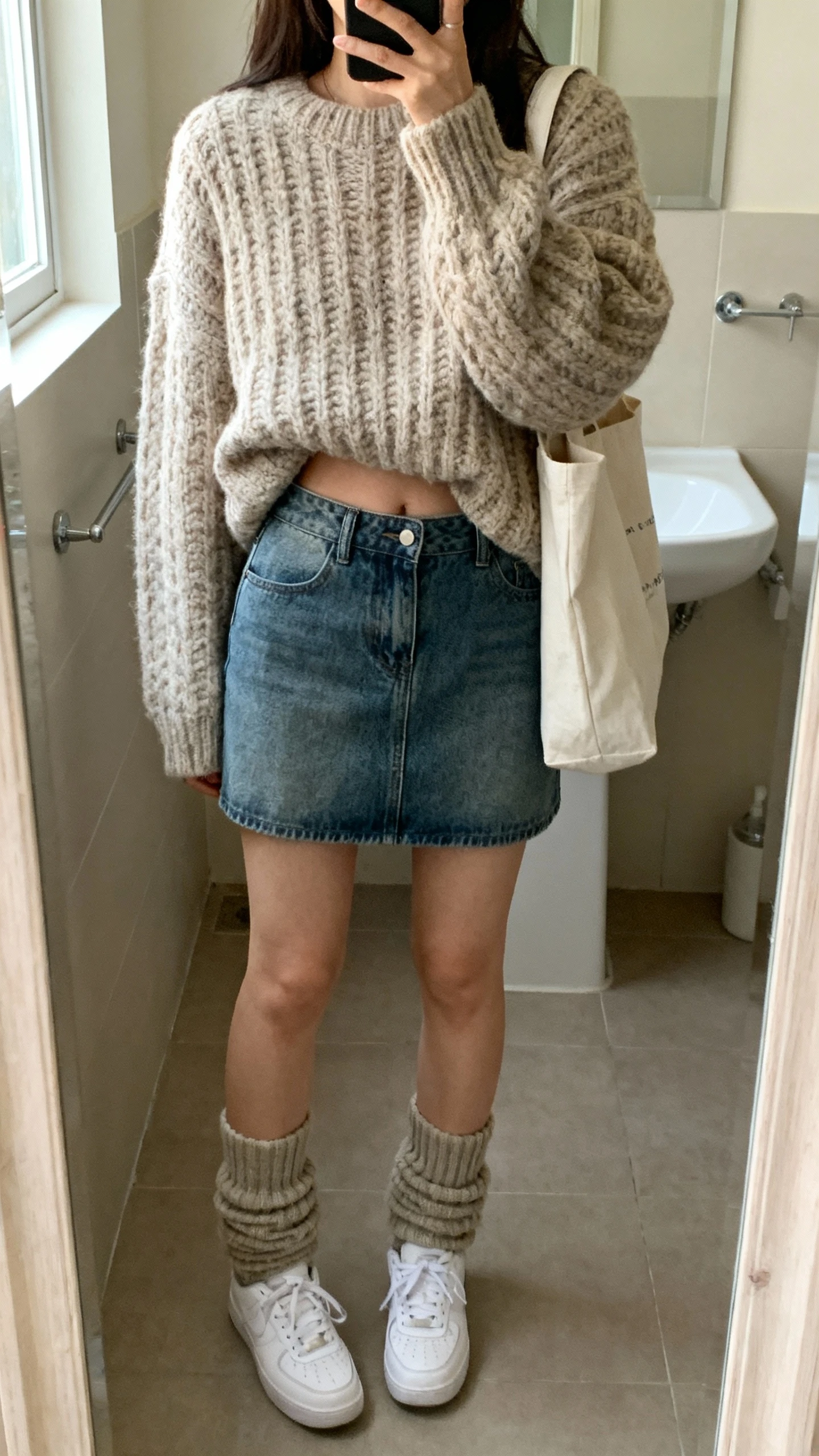 iPhone mirror selfie of a woman in an oversized chunky knit sweater half-tucked into a denim mini skirt with slouchy socks and white sneakers, simple tote bag, face not visible, bathroom mirror, soft indoor lighting, iPhone photo quality.