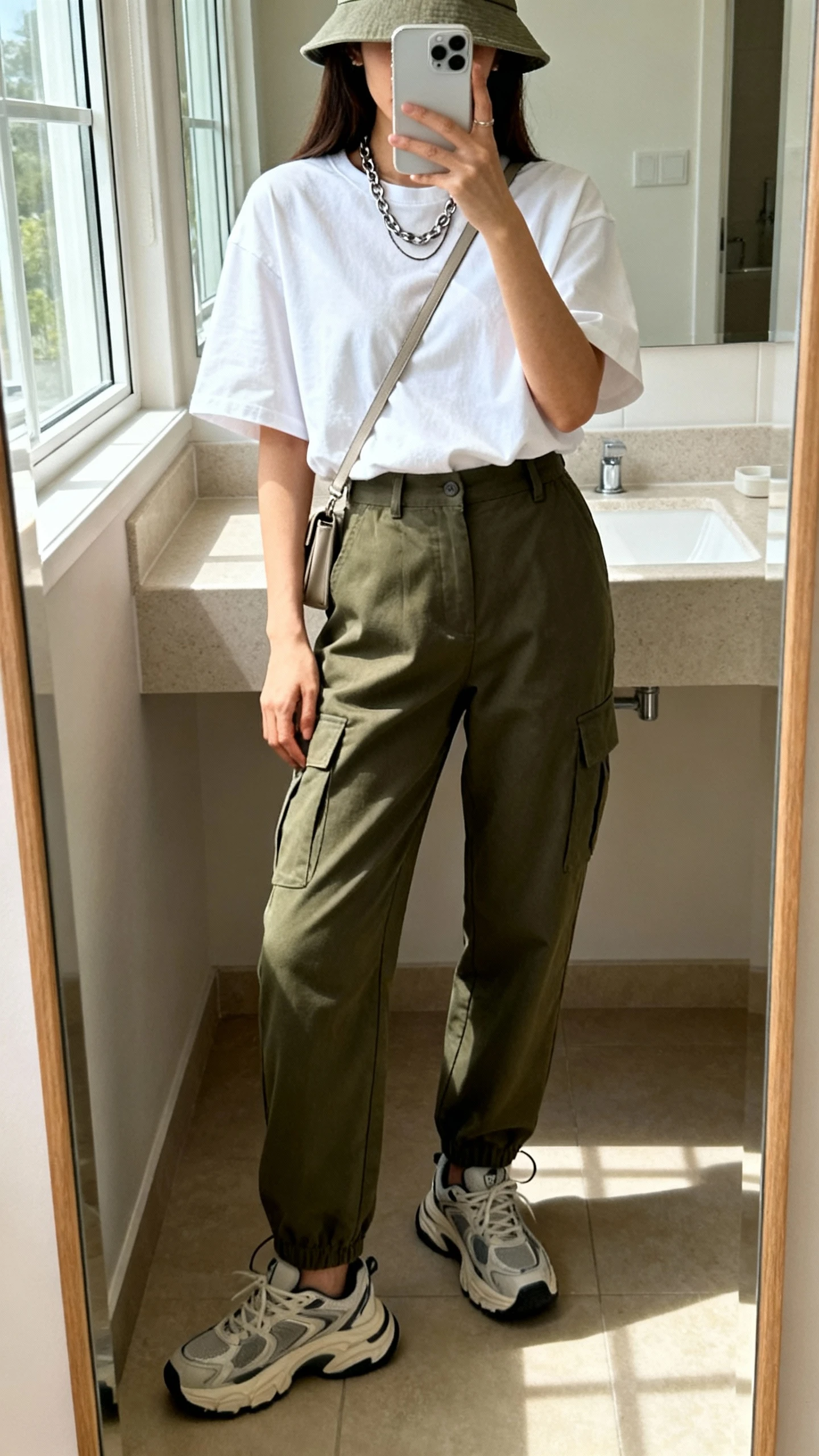 iPhone mirror selfie of a woman in high-waisted olive cargo pants, slightly boxy white cotton tee, chunky sneakers, bucket hat, minimal crossbody, and a layered chain necklace; face not visible, bathroom mirror, natural daylight from window, iPhone photo quality.