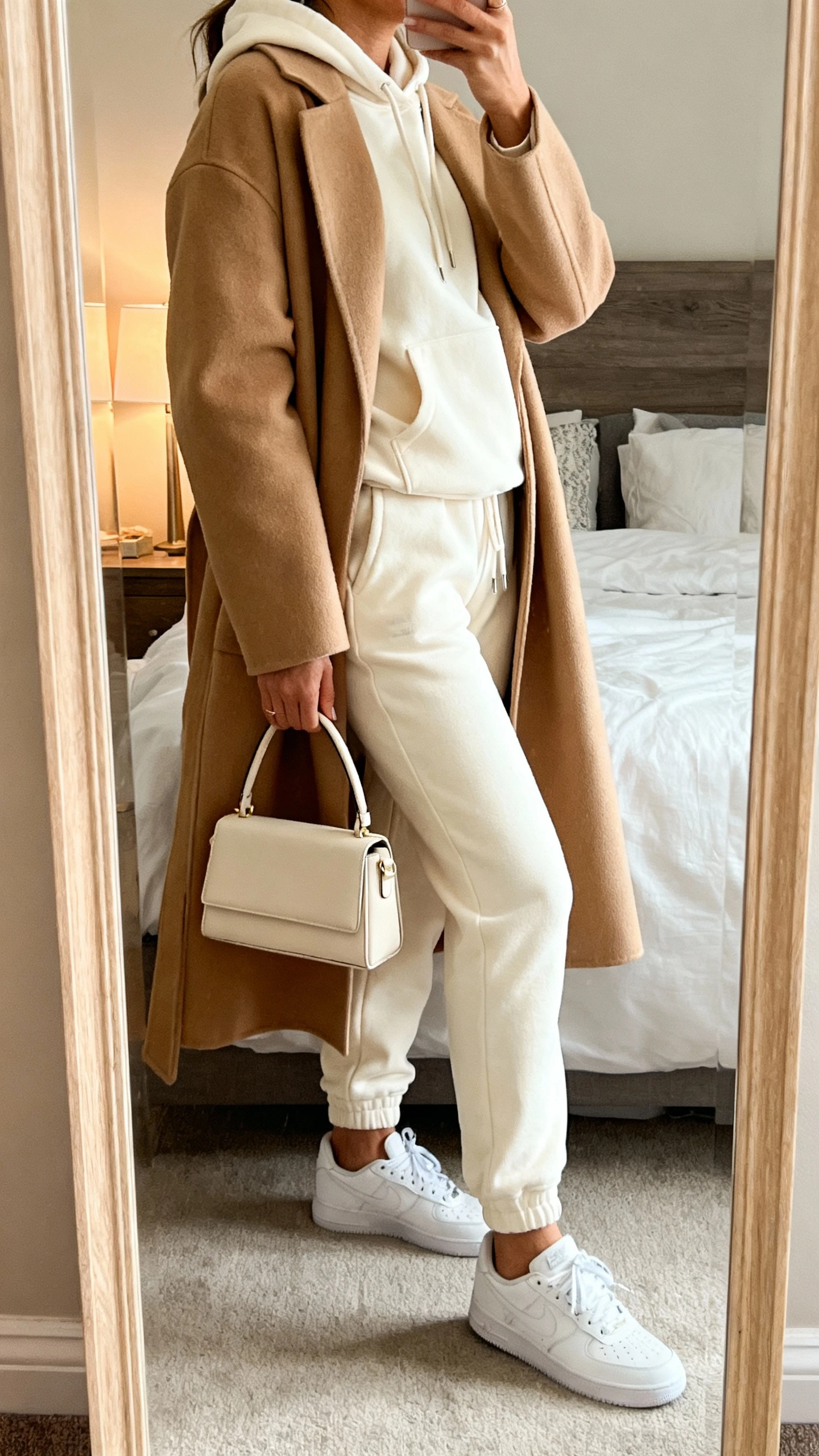 iPhone mirror selfie of a woman in luxe sweats: cream joggers with matching hoodie, longline camel coat layered over, sleek white trainers, structured mini tote, face not visible, side angle cropped at shoulders, bedroom mirror, cozy indoor lighting, iPhone photo quality.