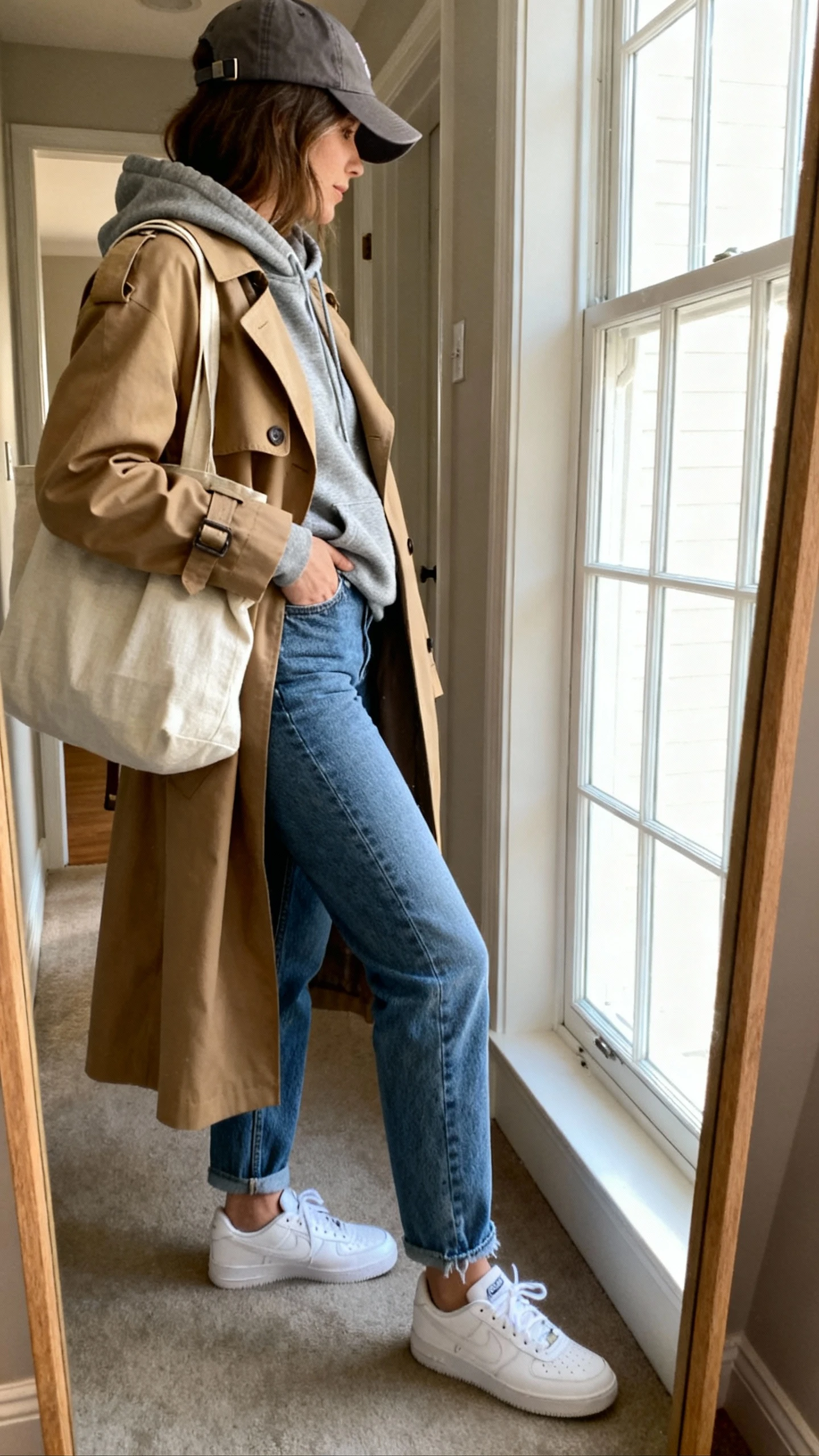 iPhone mirror selfie of a woman in mom jeans, a grey hoodie layered under a tan trench coat, clean white sneakers, a baseball cap, and a canvas tote, face not visible, side angle in an entryway mirror, natural window light, iPhone photo quality.