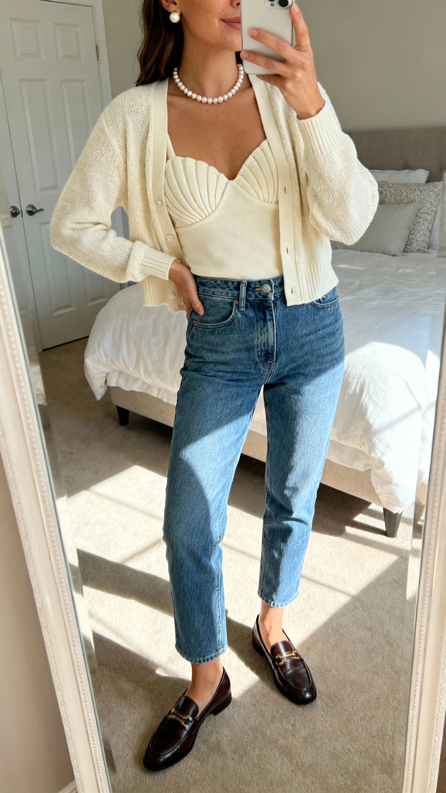 iPhone mirror selfie of a woman in mom jeans, a matching cardigan set (shell top with cardigan), pearl stud earrings, a pearl necklace, and sleek loafers, face not visible, cropped at shoulders in a bedroom mirror with morning light, iPhone photo quality.