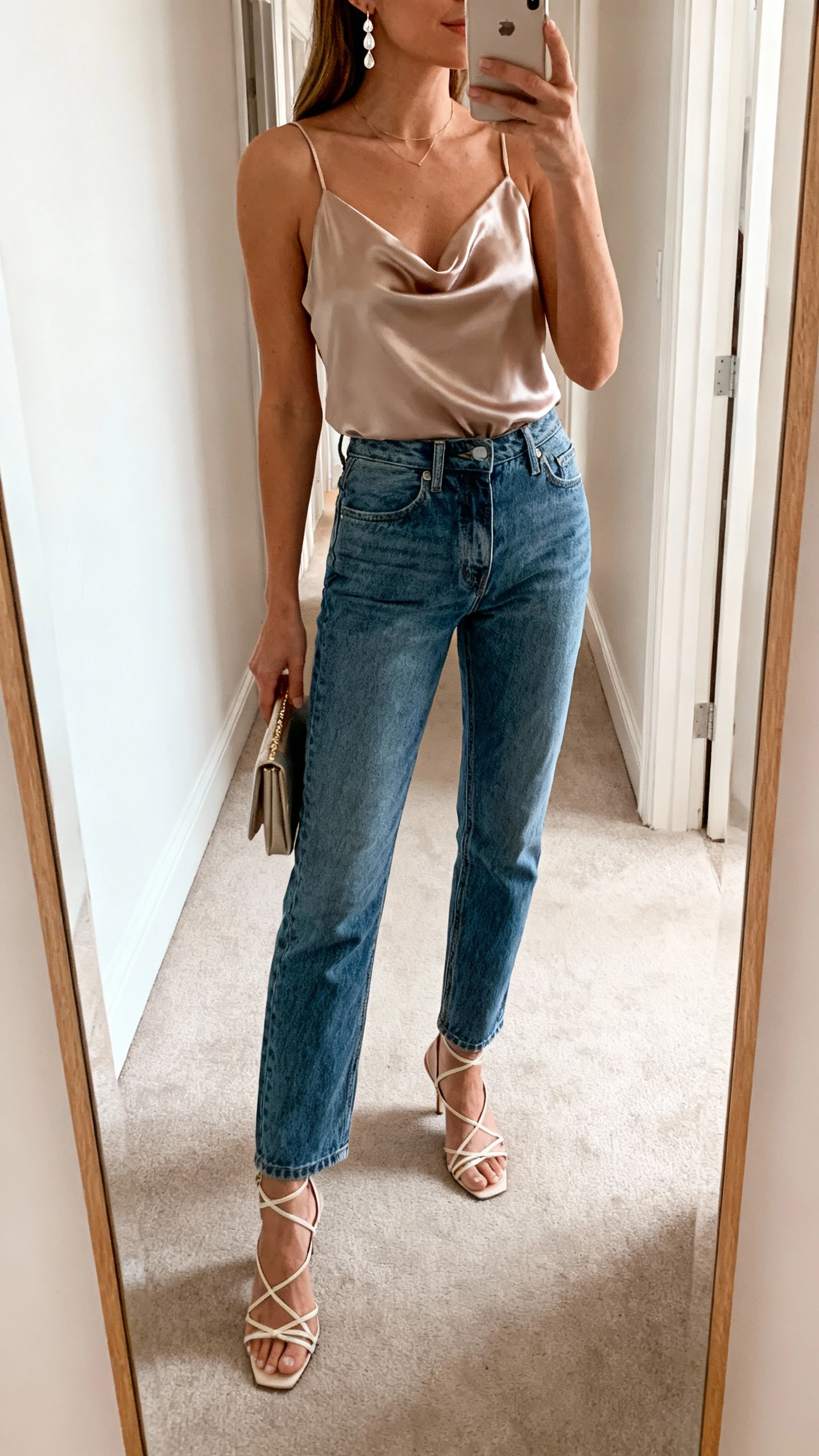 iPhone mirror selfie of a woman in mom jeans, a satin camisole, strappy heels, delicate drop earrings, and a small clutch, face not visible, cropped at neck in a softly lit hallway mirror, iPhone photo quality.