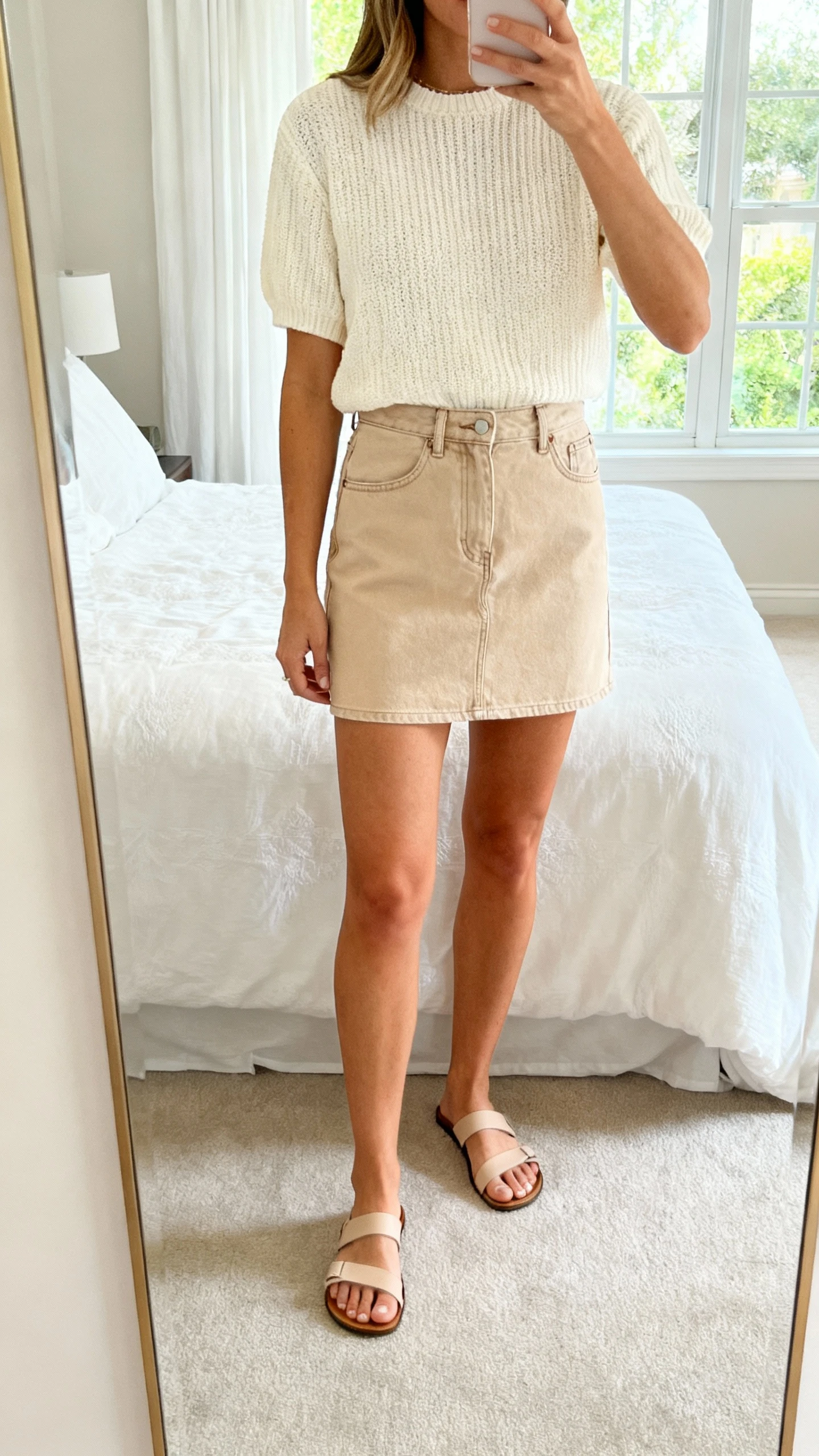 iPhone mirror selfie of a woman in monochrome neutrals: cream knit top with a beige denim mini skirt and minimal sandals, face not visible, cropped at shoulders, bedroom mirror, soft window light, iPhone photo quality.