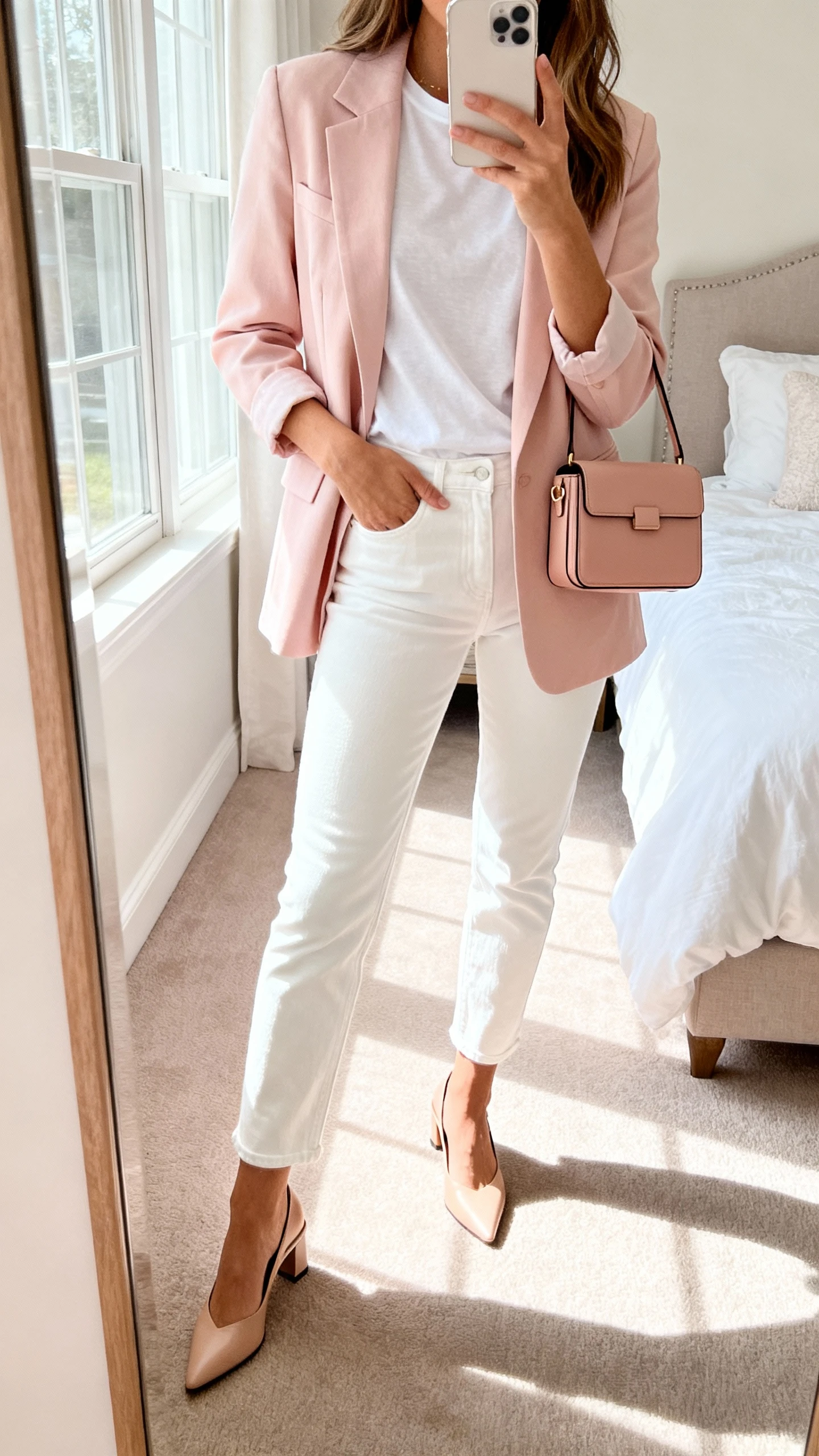 iPhone mirror selfie of a woman in white jeans paired with a pastel blazer over a simple tee, slingback heels, and a structured mini bag, face not visible, bedroom mirror, natural morning light, iPhone photo quality.
