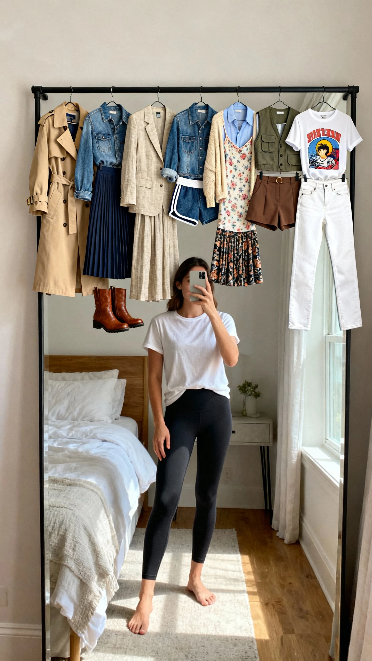 iPhone mirror selfie of a woman laying out a week’s worth of looks on a clothing rack: trench with denim, linen suit, midi dress with boots, sporty set, shirt and pleated skirt, denim-on-denim, floral slip with cardigan, utility vest with tailored shorts, statement skirt with graphic tee, and white jeans outfit; she’s wearing a simple tee and leggings, face not visible, bedroom mirror with natural morning light, iPhone photo quality.