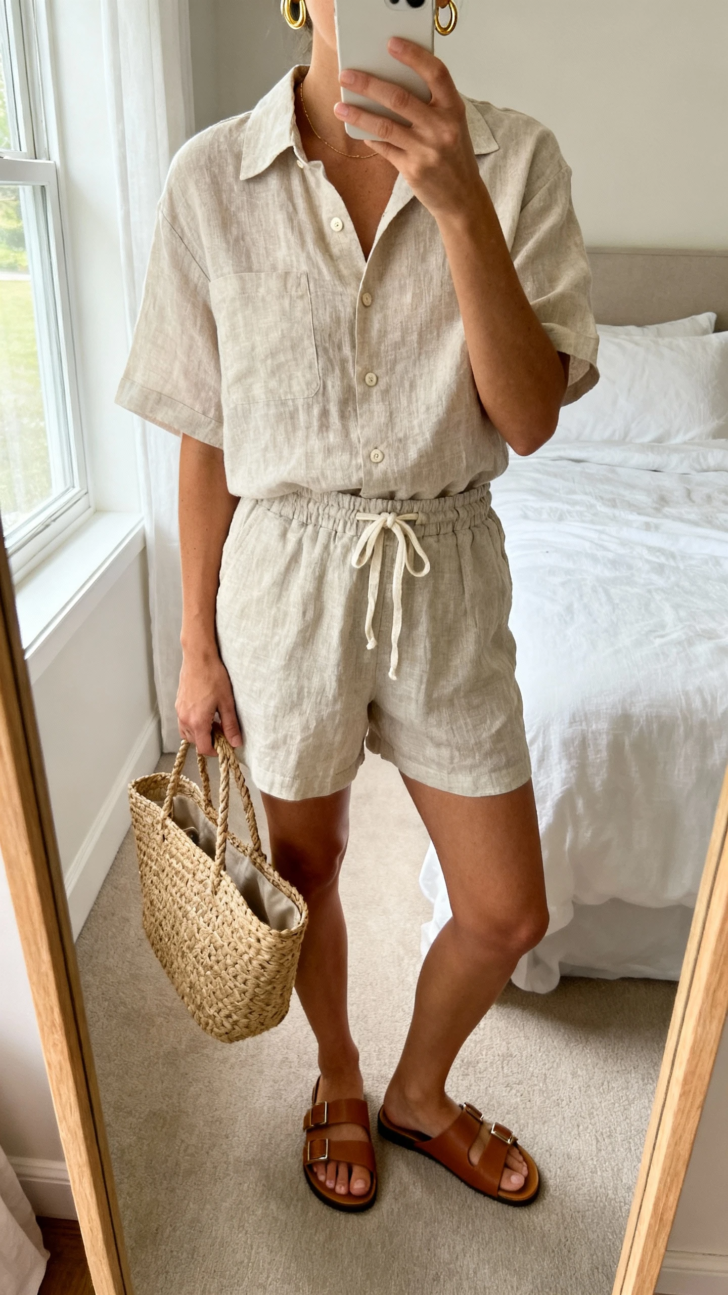 iPhone mirror selfie of a woman wearing a breezy matching linen set (button-up short-sleeve shirt and high-waist drawstring shorts), flat leather slides, woven tote, delicate gold hoops, face not visible, cropped at neck, bedroom mirror, soft morning window light, iPhone photo quality.