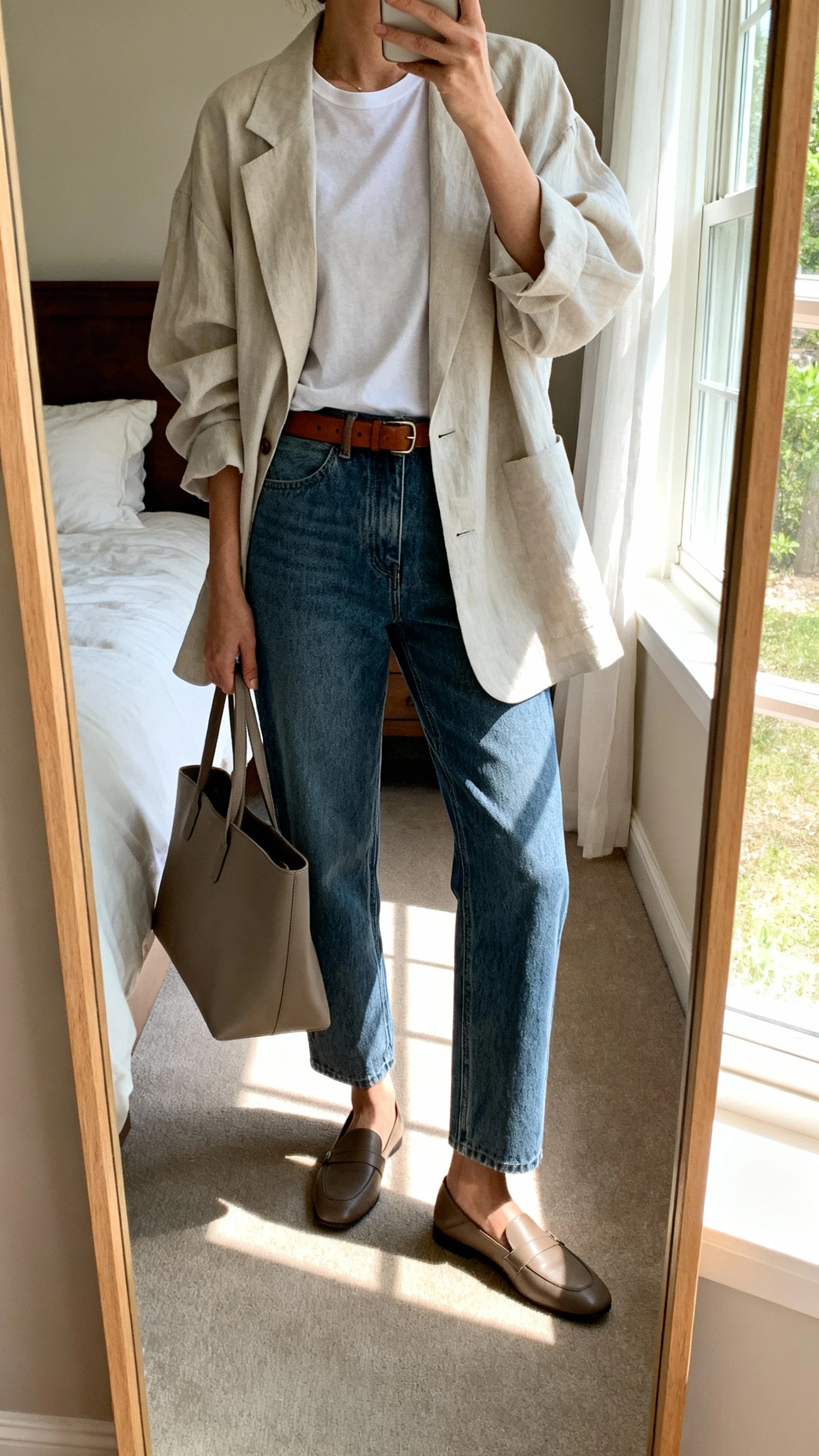 iPhone mirror selfie of a woman wearing a breezy oversized blazer over a simple tee, relaxed straight-leg denim, minimal leather belt, loafers, and a structured tote, face not visible, cropped at neck, bedroom mirror with natural window light, iPhone photo quality.