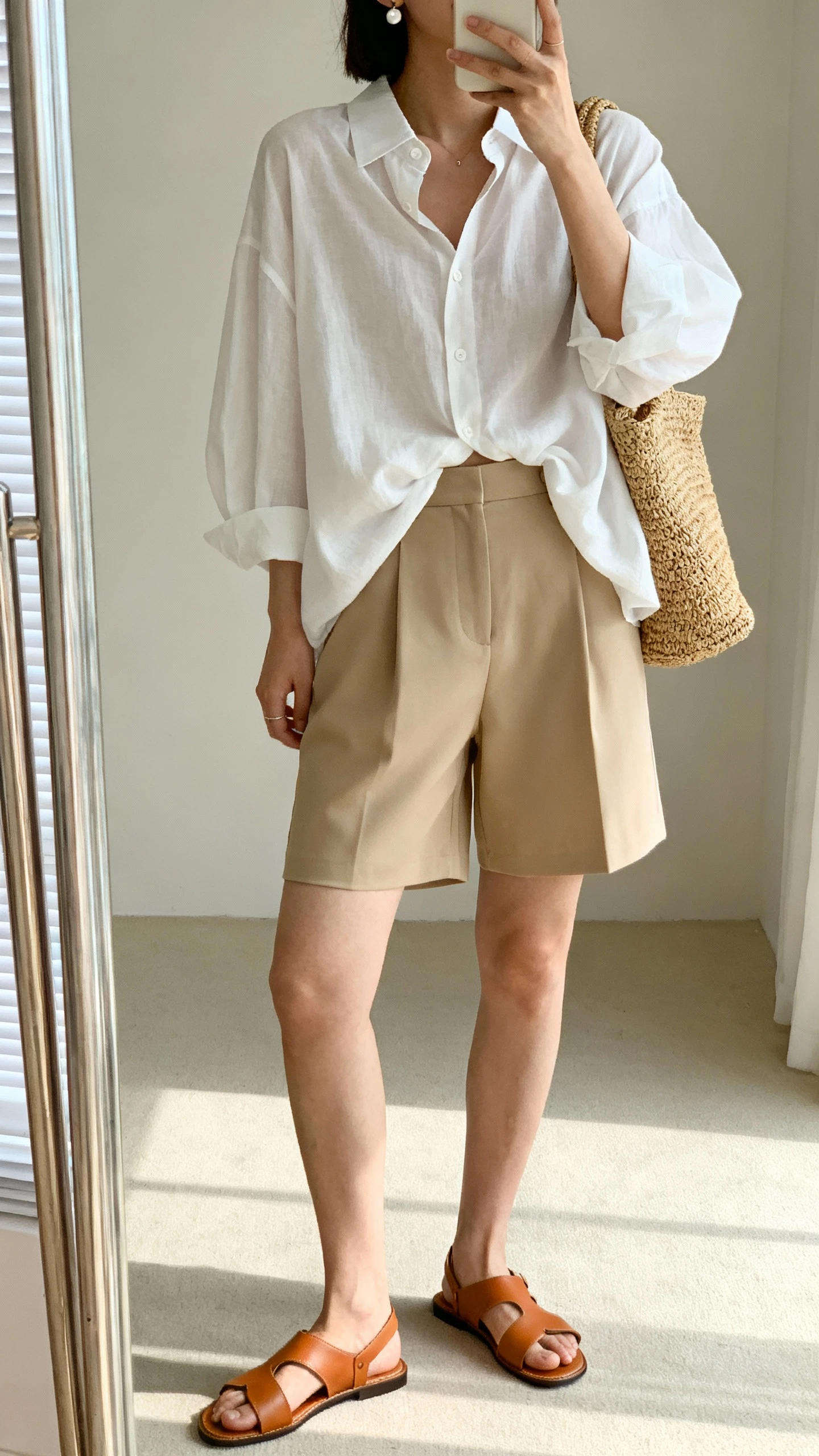 iPhone mirror selfie of a woman wearing a breezy oversized white button-down half-tucked into tailored beige shorts, tan leather sandals, raffia tote, simple stud earrings, face not visible, cropped at neck, full-length mirror, soft morning light, iPhone photo quality.