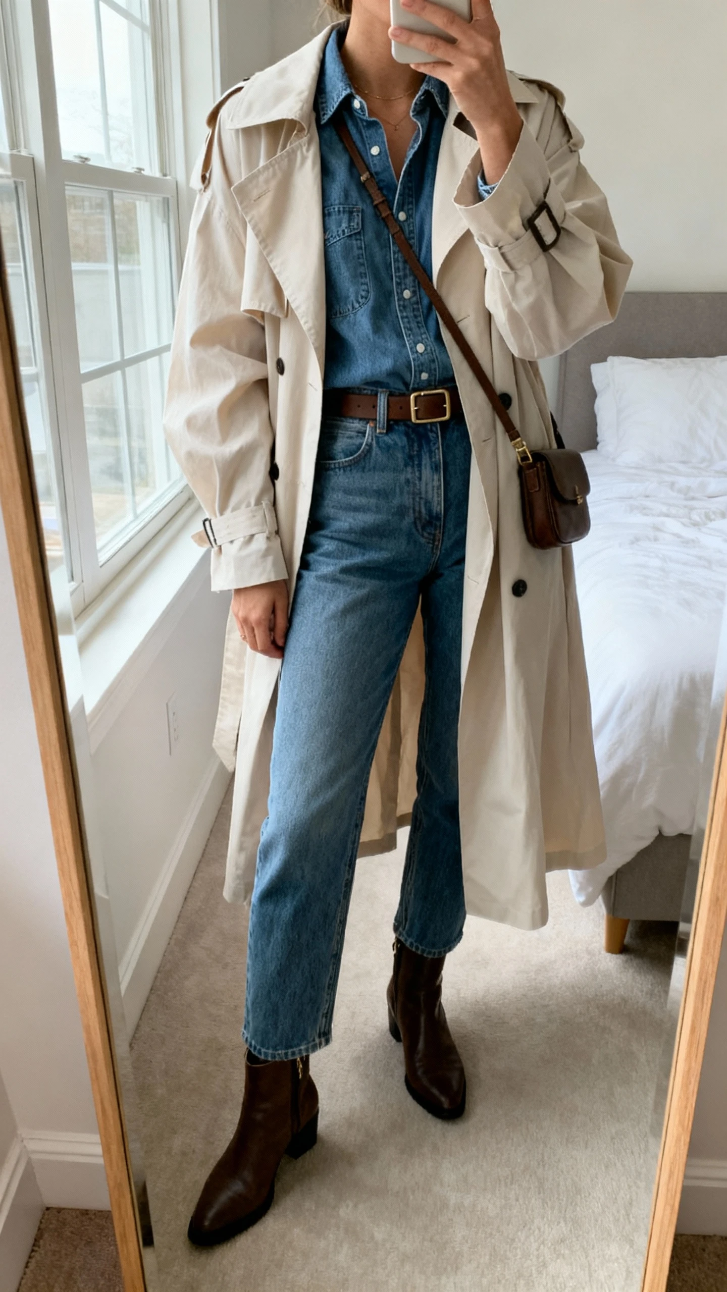 iPhone mirror selfie of a woman wearing a breezy trench coat layered over a denim shirt and high-waisted jeans with ankle boots, simple belt, and small crossbody, face not visible, cropped at neck, bedroom mirror, natural window light, iPhone photo quality.